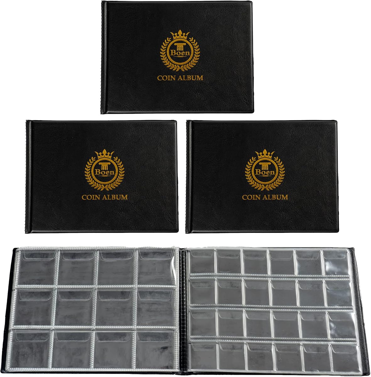 Boen Coin Collection Book 540 Pockets 3 Coin Collection Book. Each Coin Album Has 2 Coin Pockets of Different Sizes (45x42mm & 30x27mm) for Coin Collection.