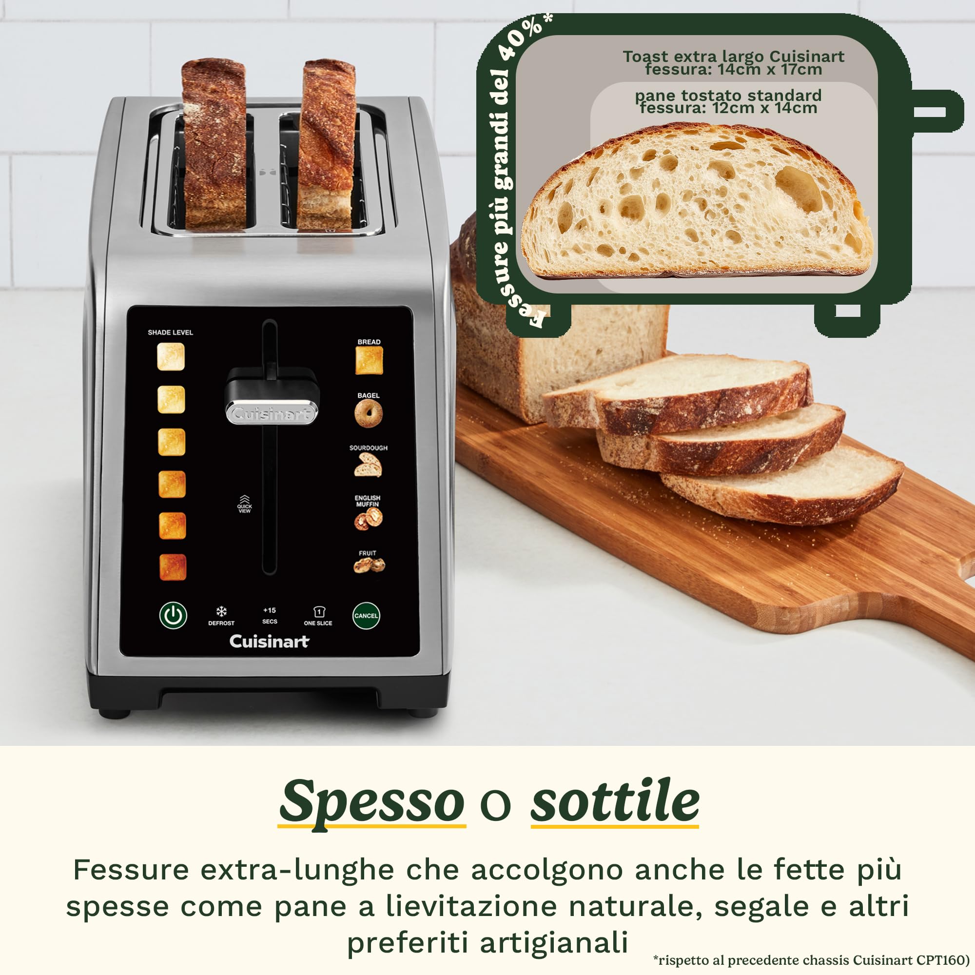 Cuisinart SimpliTouch XL Tostapane 2 fette | Fessure extra-large | Display touch a colori | High-Lift QuickView™ | Programmi pane, bagel, muffin | Funzioni scongelamento, boost +15s | Acciaio inox