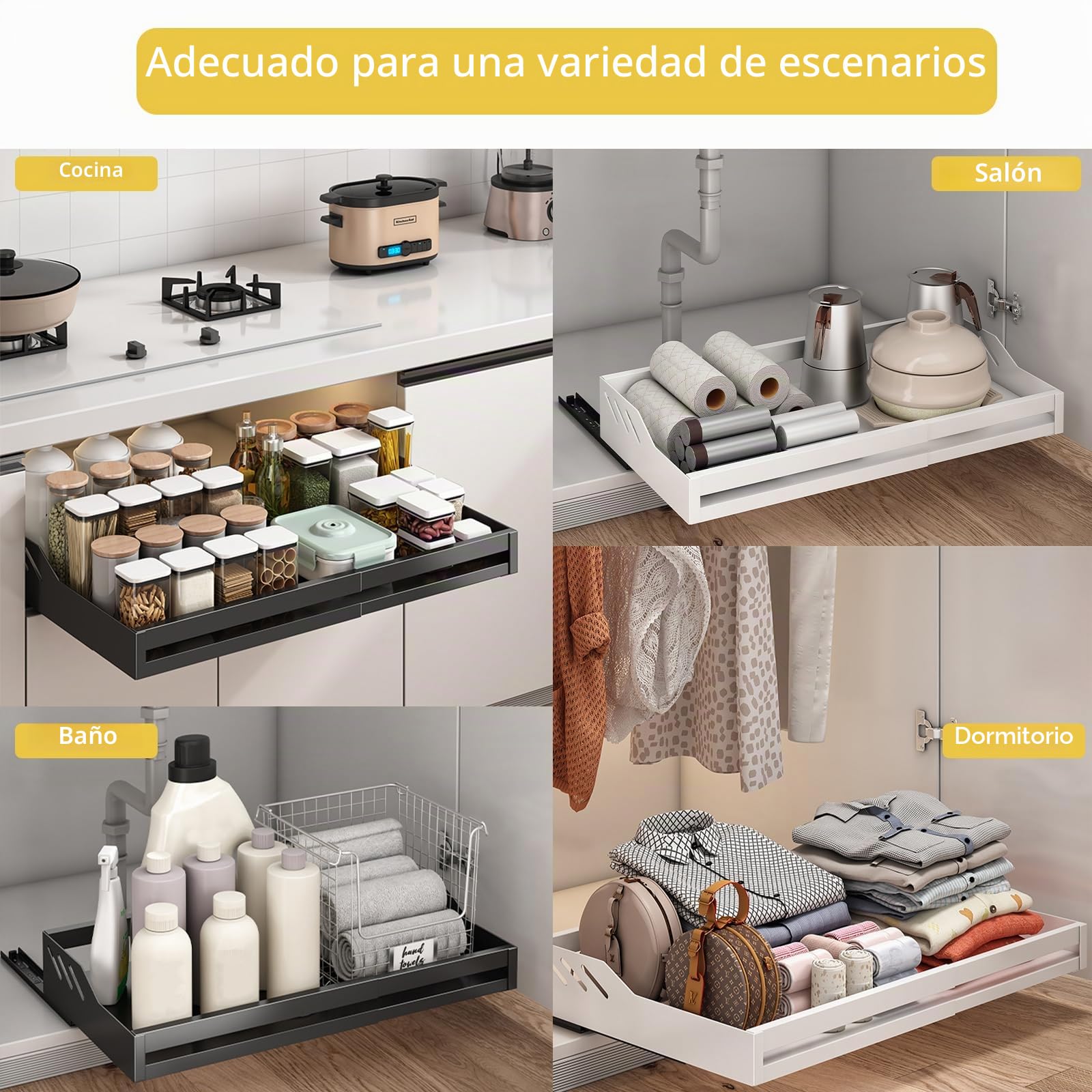 Yawinhe Cajones Extraibles Para Cocina,39-60cm Cajones Telescópicos,Negro | Organizador de Armario Extensible de Cocina;Cajón Deslizante Resistente,sin Necesidad de Taladrar ni Clavar