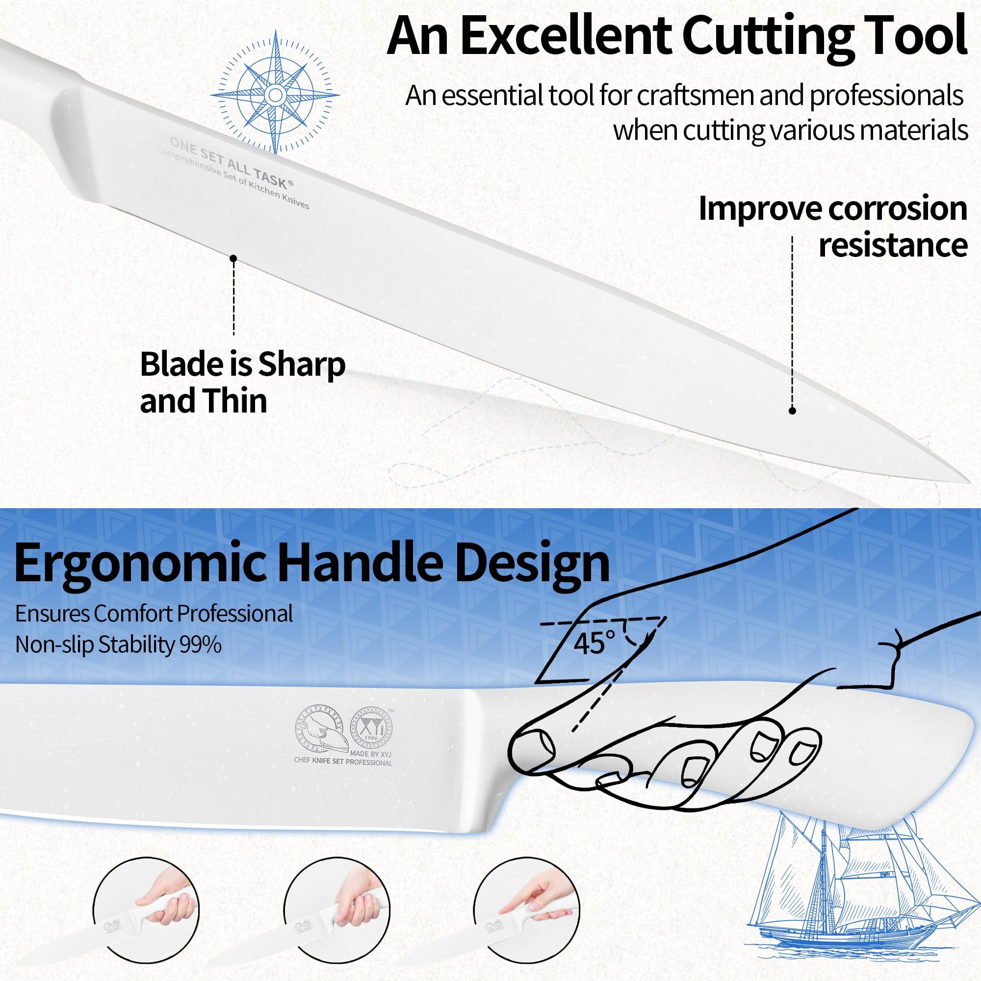 XYJ - Set di coltelli da cucina con portacoltelli, set di coltelli da cucina giapponesi professionali in acciaio inox, coltello da bistecca, coltello per intagliare e affettare, per pane