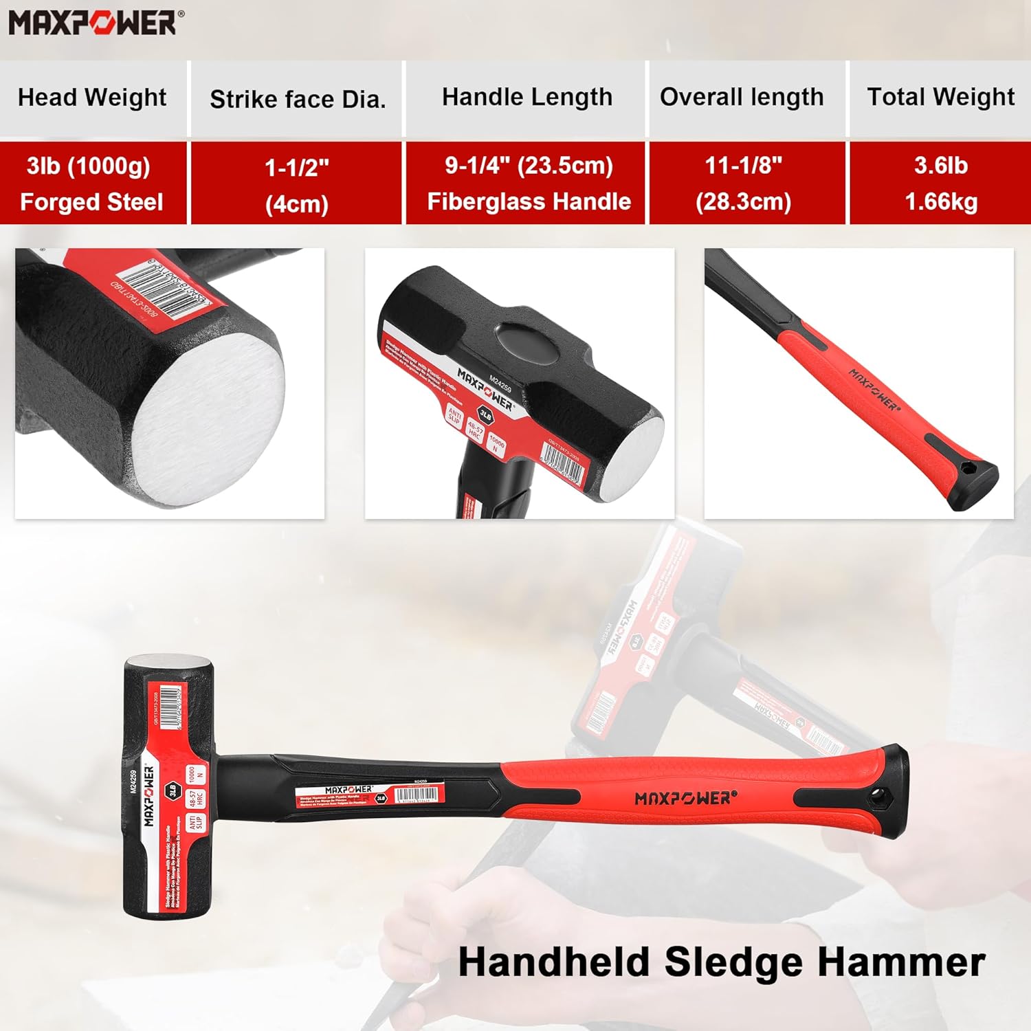 MAXPOWER 5-Piece Hammer Set - 3LB Sledge & Cross Peen, 500g Chipping, 32oz Ball Peen & 24oz Rubber Mallet
