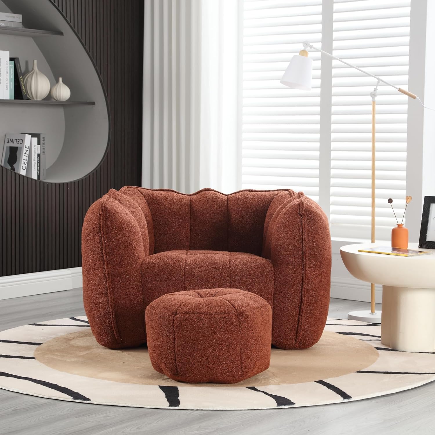 Ball & Cast Chenille Bean Bag Chairs for Adults, Comfy Beanbag Lounge Arm Chair with Ottoman Stool and High Resilient Foam Chips, Super Lazy Sofa Floor-Chair Footstool Set, No Assembly, Red Brown