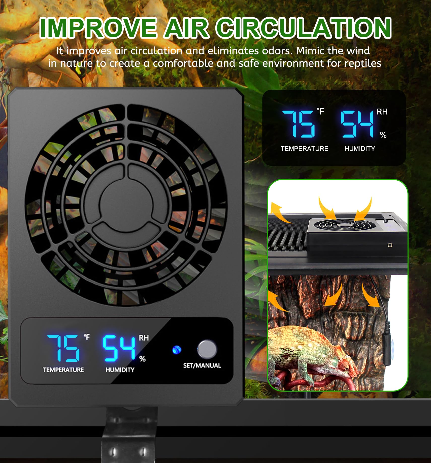 Ventilation Fan For Reptile Enclosure, Reptile Enclosure Dehumidifier with LED Display, Smart Cooling Fan for Reptile Terrarium Vivarium, Improve Air Circulation, for Amphibians, Reptiles, and Snakes - Image 3