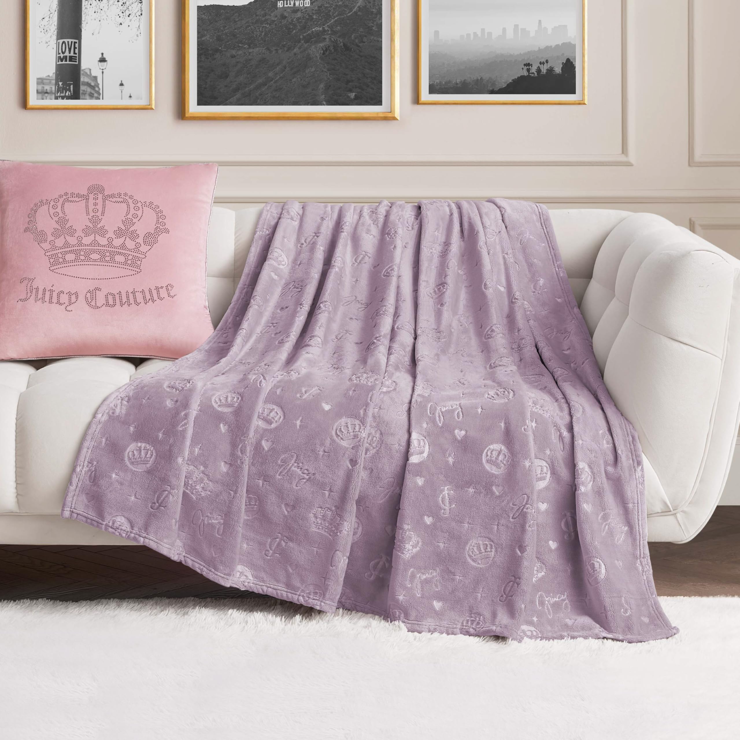 Juicy Couture Embossed Plush 60"x70" Oversized Throw Blanket, Emblem Toss Lavender Purple