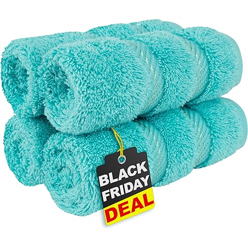 American Soft Linen Luxury Washcloths for Bathroom, 600 GSM 100% Cotton 4 Piece Turkish Wash Cloth Set, 13x13 in Soft Rags for Body and Face, Turquoise Blue Washcloths