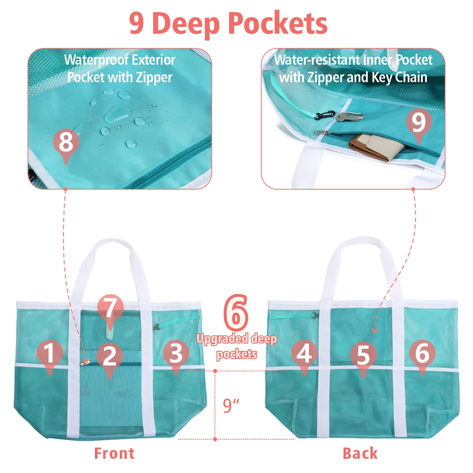 F-color Netz-Strandtasche Familie – große Tragetasche mit 9 Taschen für Schwimmbad, Spielzeug, Kreuzfahrt, Strand, Urlaub, Essentials, Minzgrüner Basisgriff, X-Large with Water-resistant Bottom