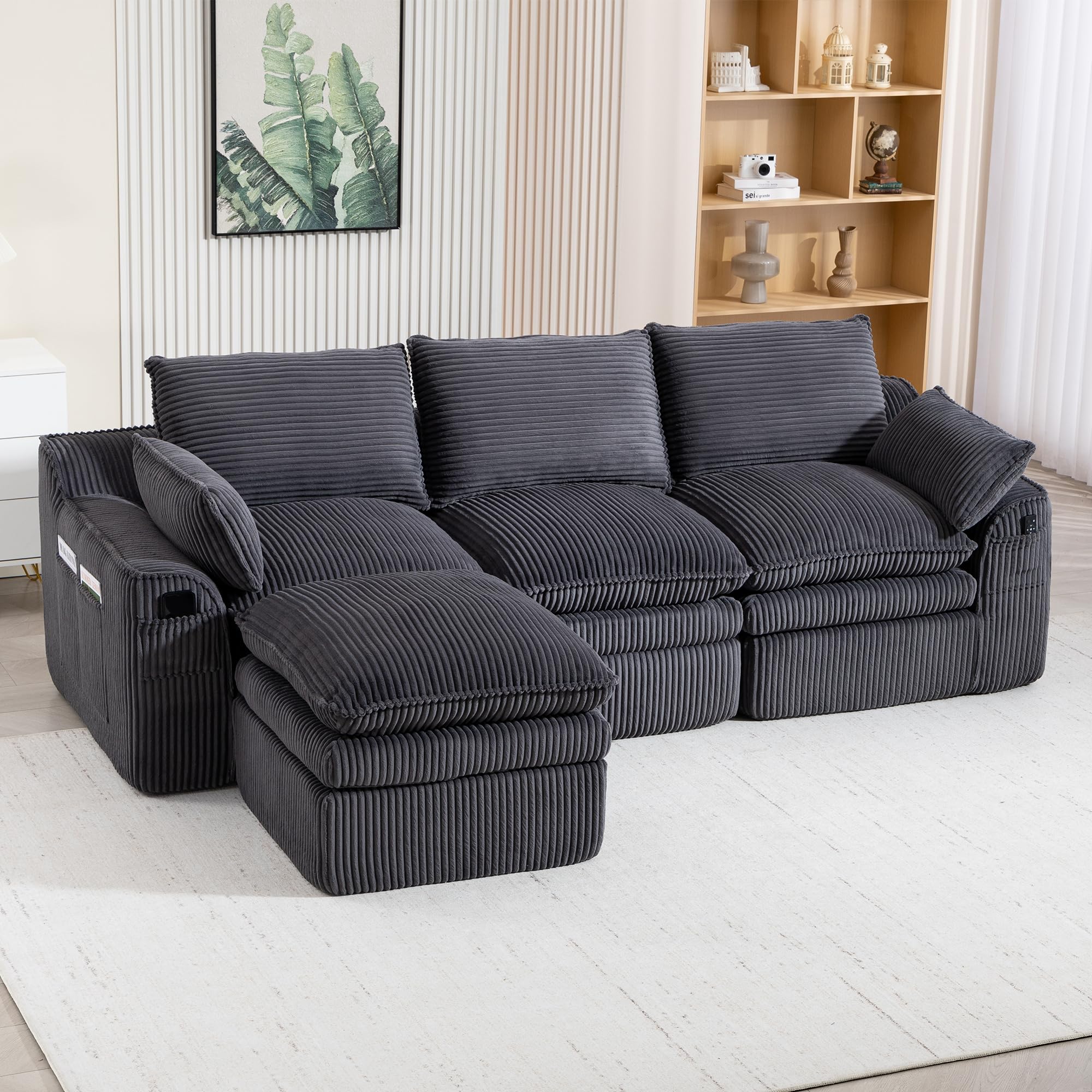 Divano modulare a 3 posti con sgabello, grigio scuro, cuscino incluso, 2 tasche laterali, schiuma a 3 strati, anima a molle, rimbalzo rapido, combinabile liberamente, ideale per soggiorno
