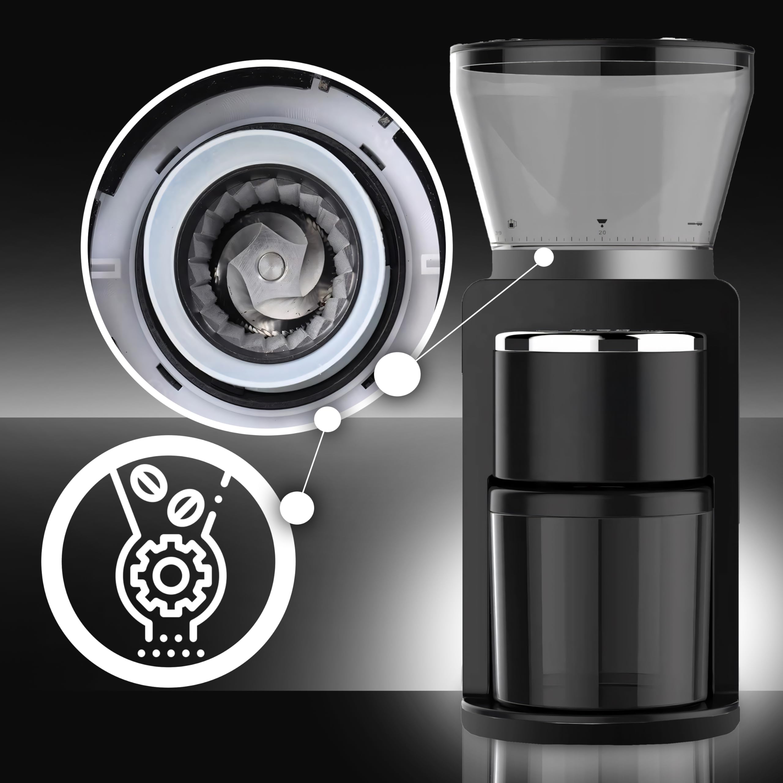 Retoo Elektrisch Kaffeemühle mit 52 Mahlgrad und Digitalanzeige, 110g Kaffeebohnenbehälter 180 Watt 500 U/min Scheibenmahlwerk für Kaffeebohnen Coffee Grinder, Kunststoff Edelstahl Schwarz