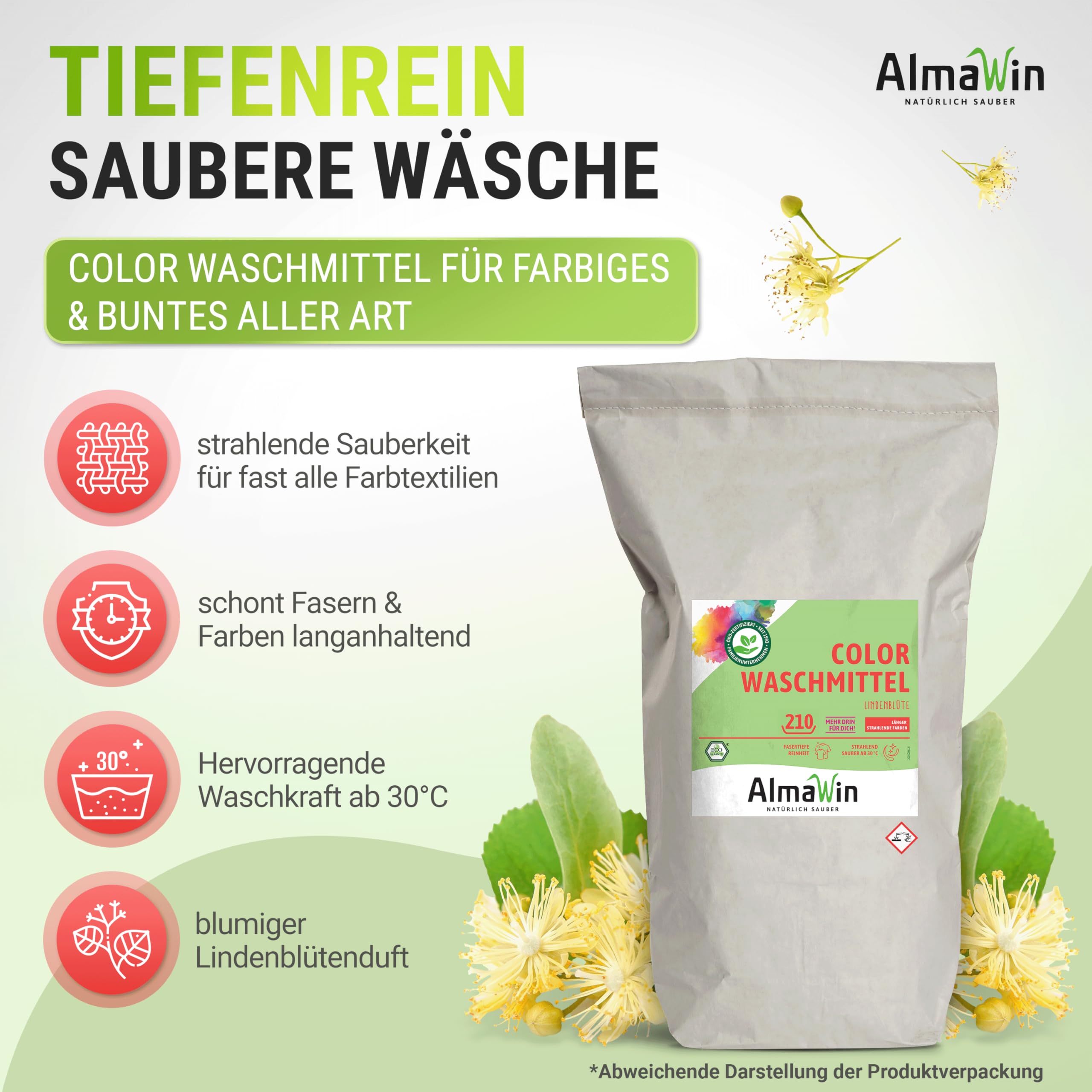AlmaWin® Color Waschpulver [10kg - 210 Ladungen] mit Lindenblüten-Duft für strahlende Reinheit – Öko Waschmittel Pulver Color anwendbar für 30-60°C – Veganes Bunt-Waschpulver