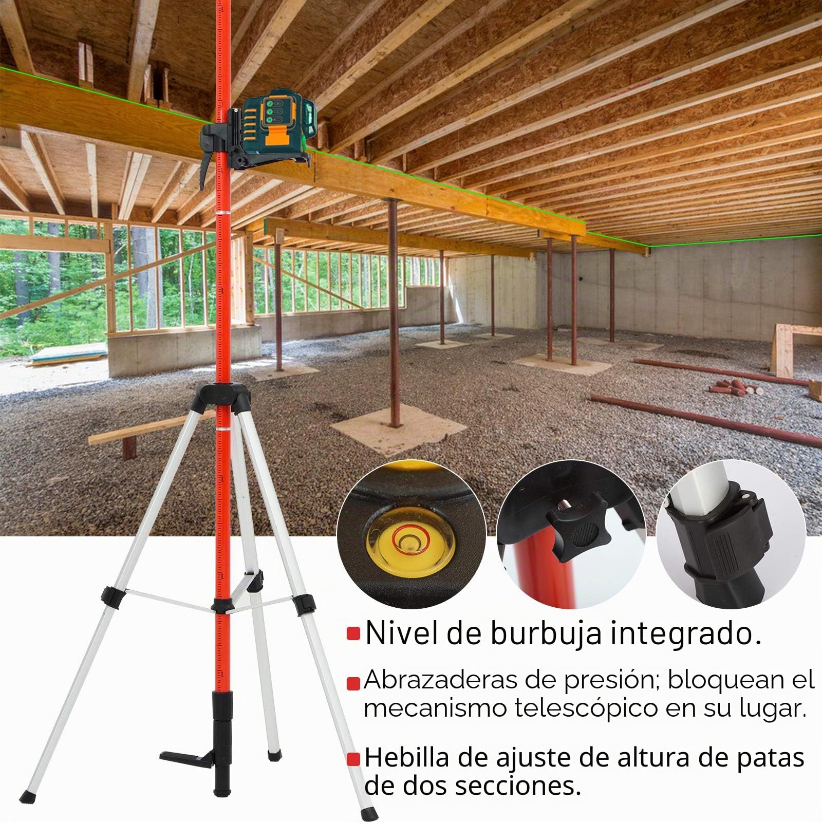 Poste Telescópico de soporte de nivel láser, 3,7 m Poste telescópico con trípode para láseres de nivel de láseres giratorios y de línea, con tornillos roscados de 1/4"-20 y 5/8"-11