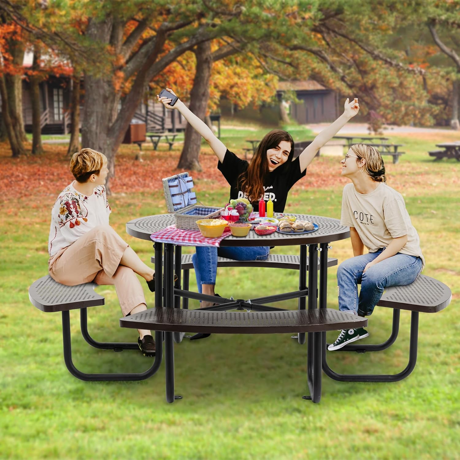 46'' Steel Round Picnic Table with Umbrella Hole for Outdoors, Portable Picnic Table for Patio, Garden, Courtyard BBQ, Coffee