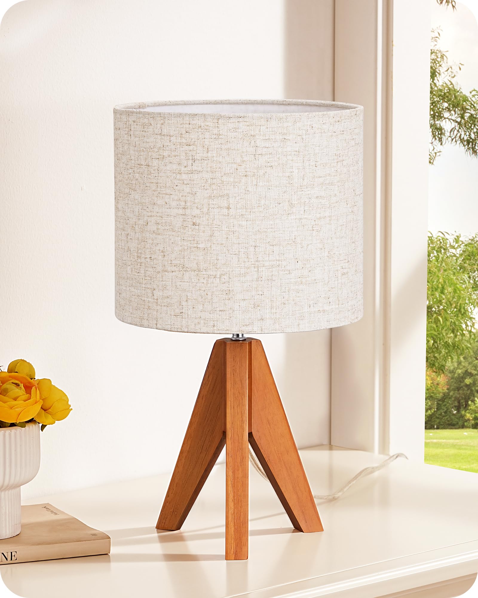 EDISHINE Nachttischlampe Holz, Stativ Tischlampe mit beigem Leinen-Lampenschirm, Vintage Landhaus, Orangefarbenes Holz für Schlafzimmer, Wohnzimmer, Moderne Deko, Geschenk