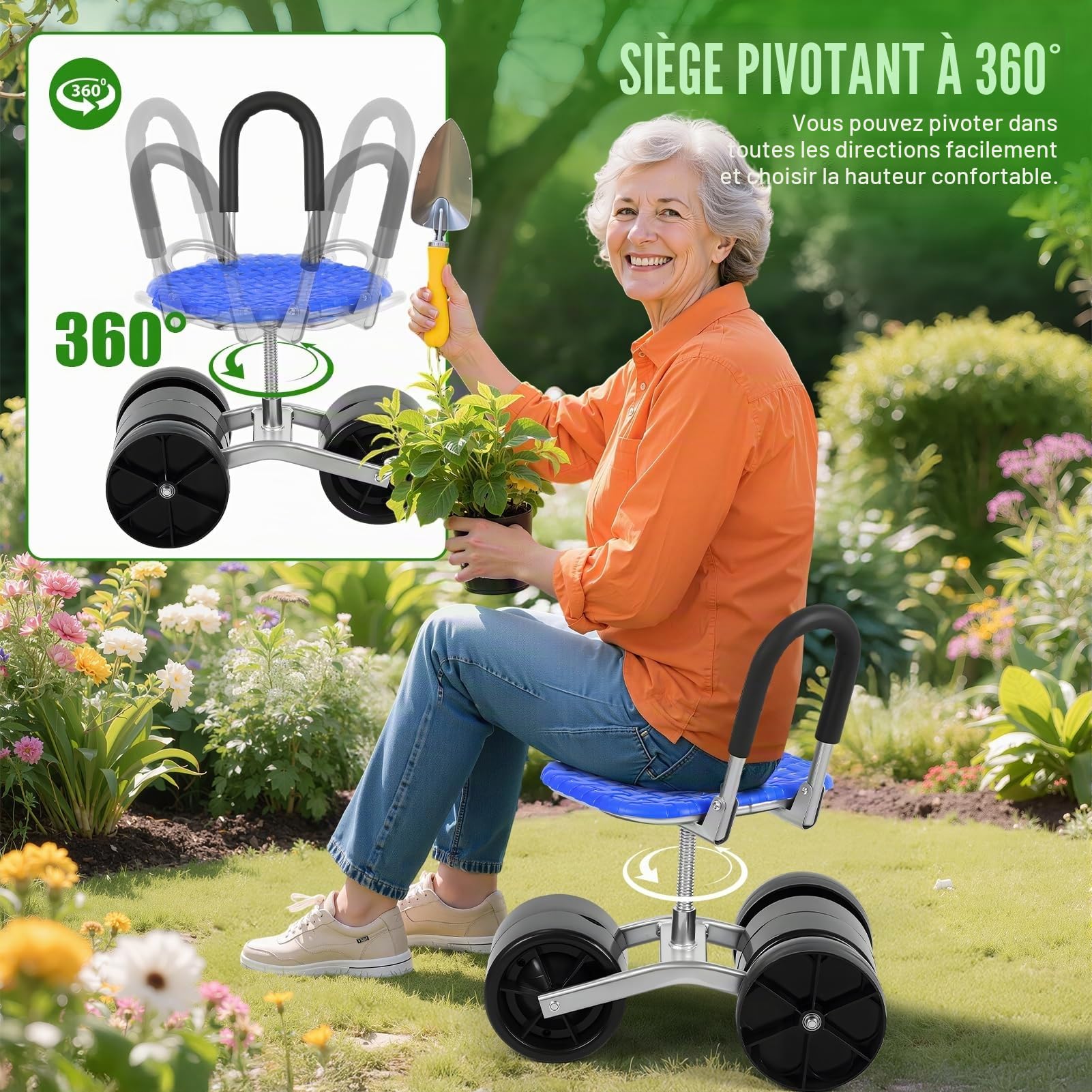 Tabouret de jardin rotatif à 360°, chaise roulante, hauteur réglable, design pliable et capacité de 150 kg, pour jardinage et rempotage, pour soulager les genoux Bleu