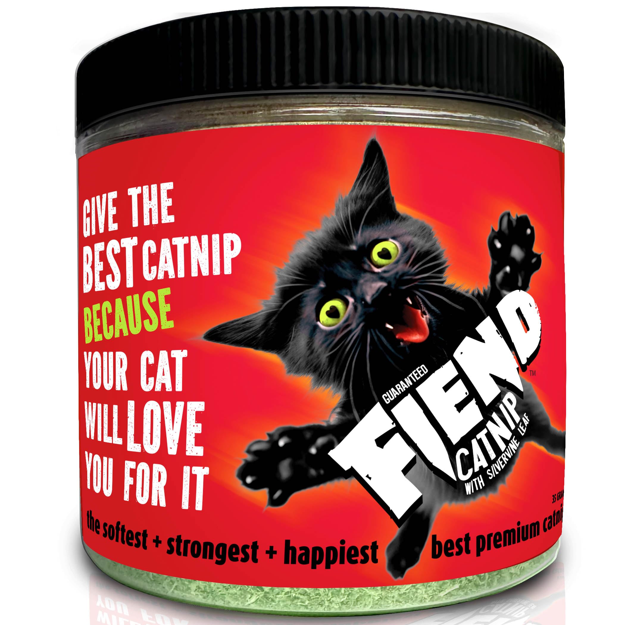 Fiend Catnip + Silvervine para gatos y gatitos, mezcla fina de pepinillos de gato de corte seguro con vid vegana + calcomanía, ultra potente, norteamericana, 1 taza (34.5 g) Adelante, crea un monstruo