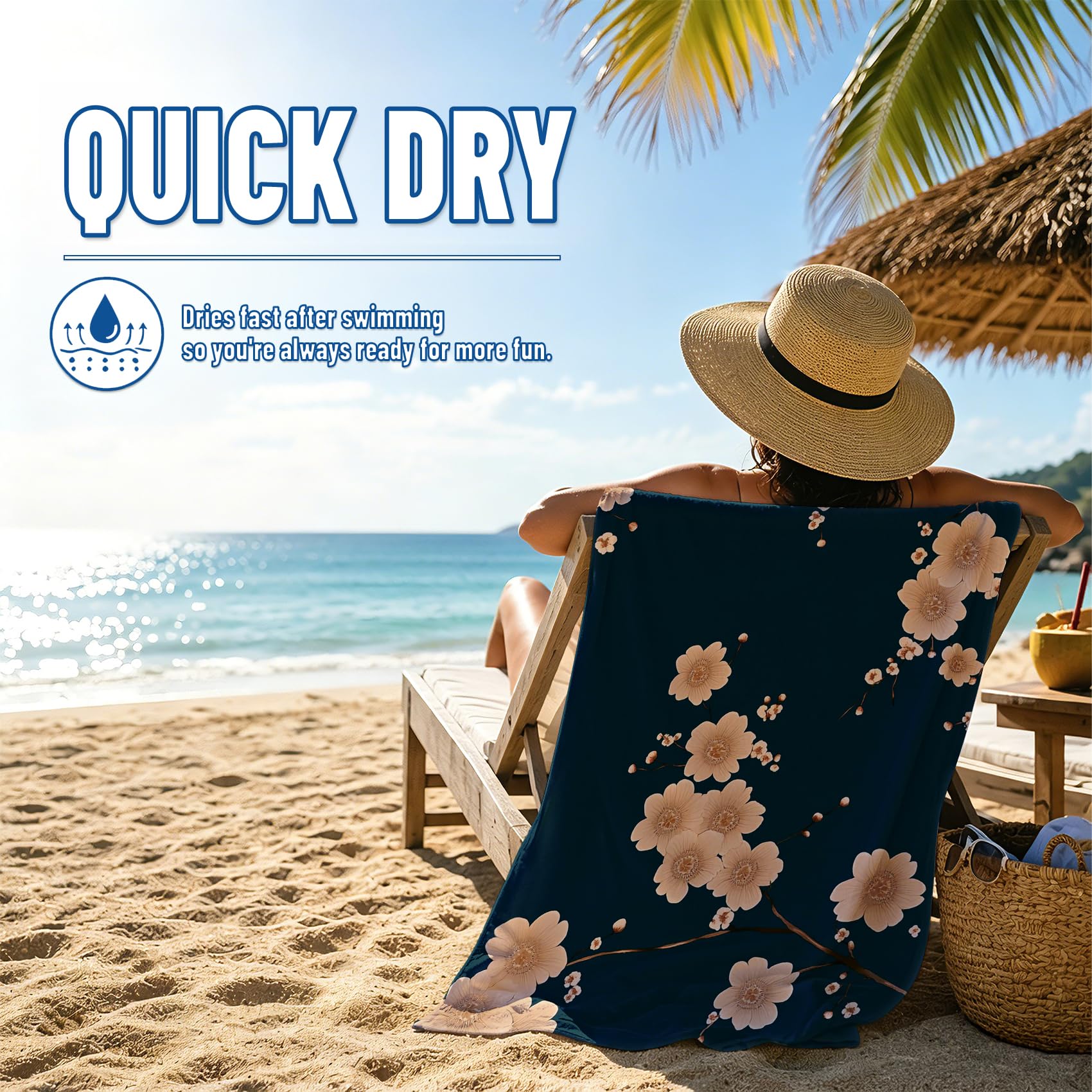 Serviette de Plage Microfibre Fleur De Cerisier, Drap de Plage XXL Bleu Pétrole à Fleurs Séchage Rapide & Anti Sable & Légère, Serviette de Bain Grande Taille 100x200 cm, Piscine Sport Voyage