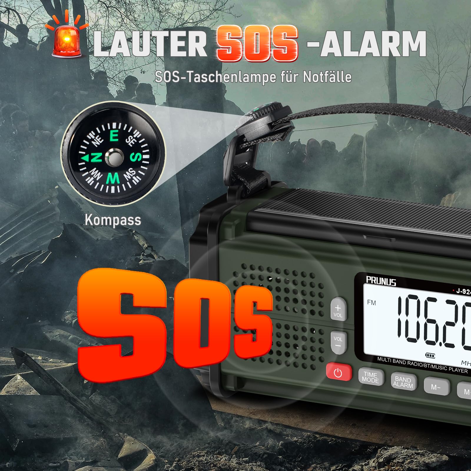 PRUNUS J-924S AM/FM/SW Kurbelradio Notfall Weltempfänger, Notfallradio mit 10000mAh Akku, Solar Radio Survival Ausrüstung mit Taschenlampe/SOS Alarm/Handyladefunktion für Ourdoor, Blackout, Notfall.