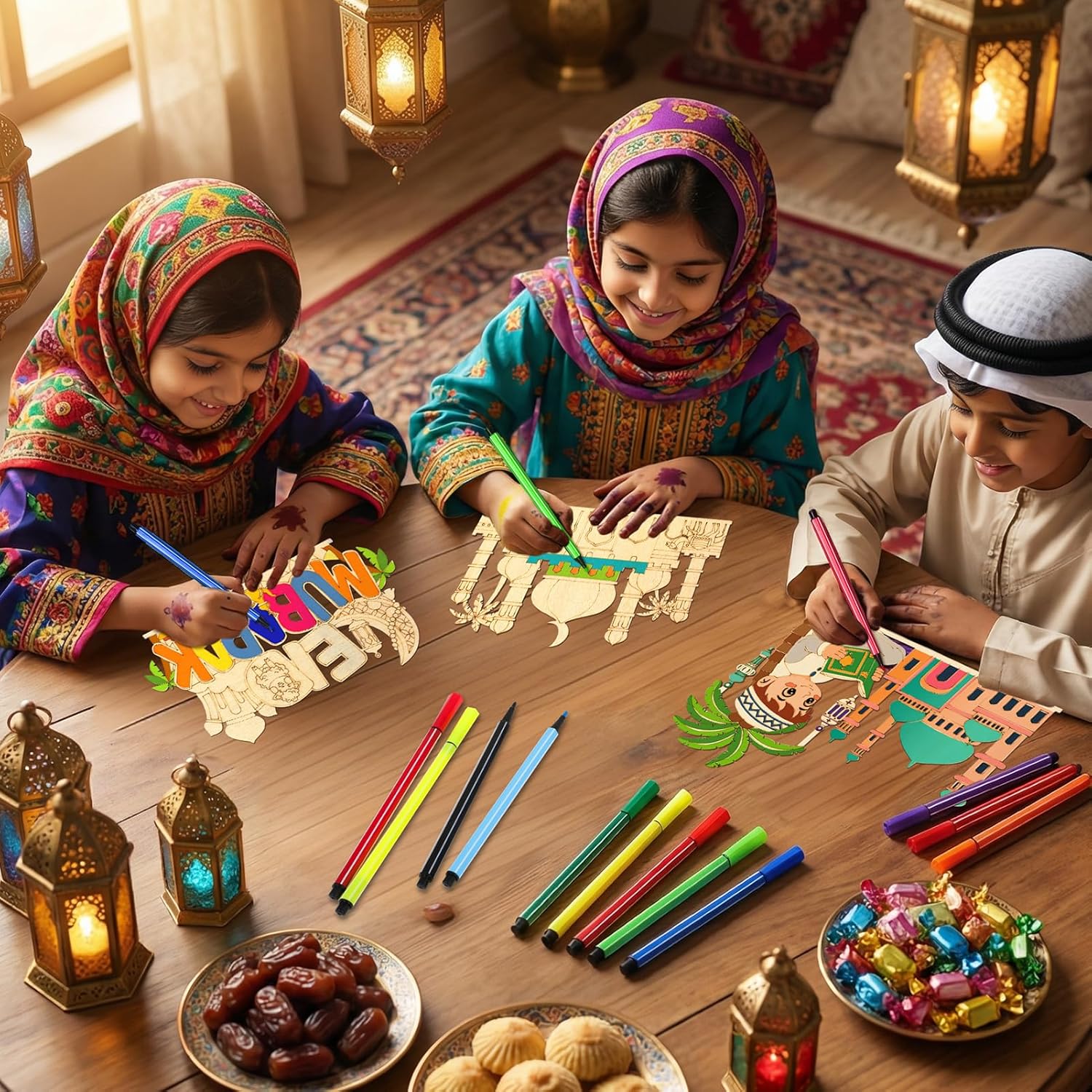 HOWAF 3PCS Ramadan Crafts for Kids, Paint Your Own Ramadan & Eid Wooden Table Decor with 12 Paint Pens, Coloring Eid Mubarak Activity for Home, School, Ramadan Party Supplies