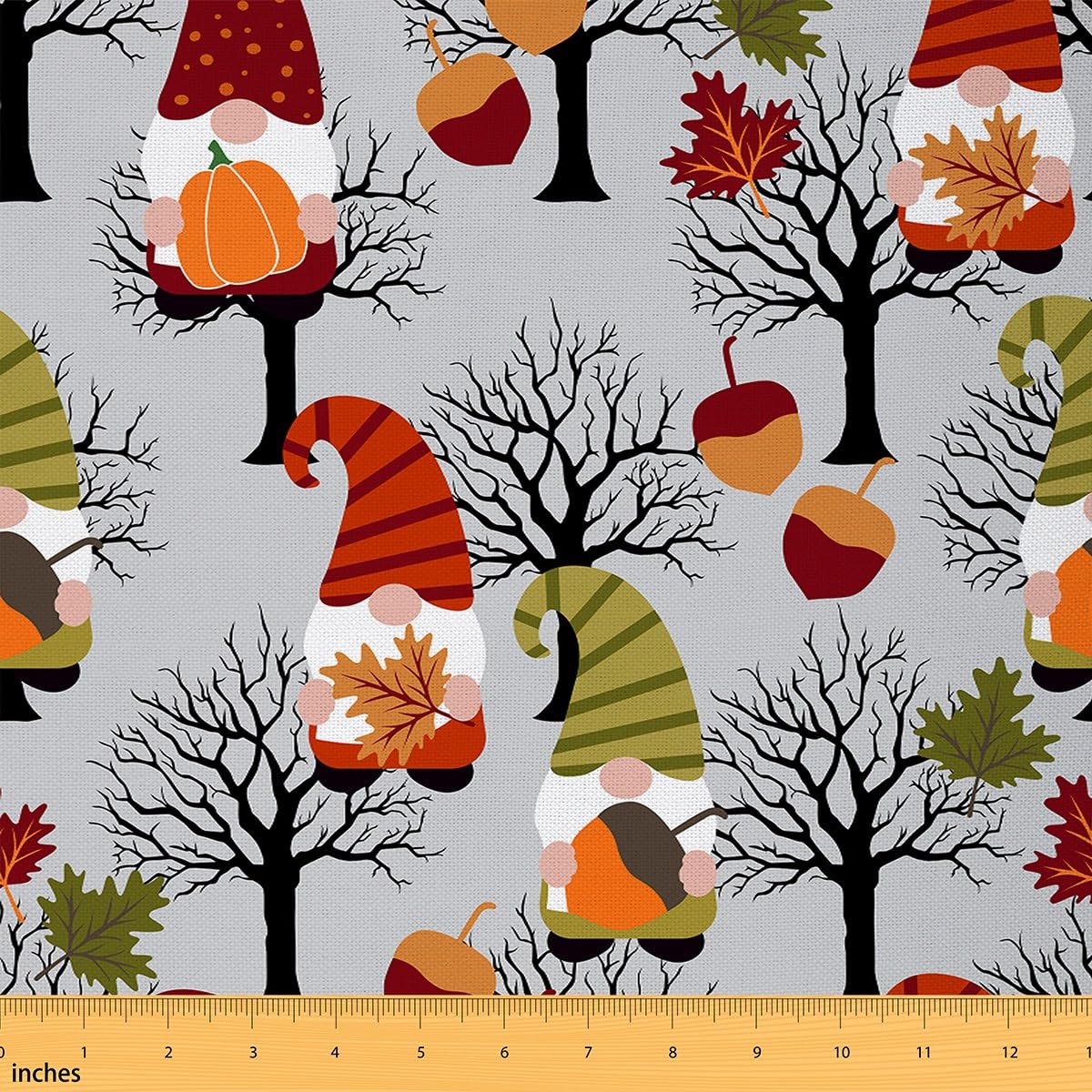 Autumn Gnome Fabric by The Yard,Vintage Wild Trees Black Print Decorative Fabric,Thanksgiving Watercolor Pumpinks Pinecone Quilting Supplies for Sewing,Retro Fall Leaves DIY Crafts,1 Yard