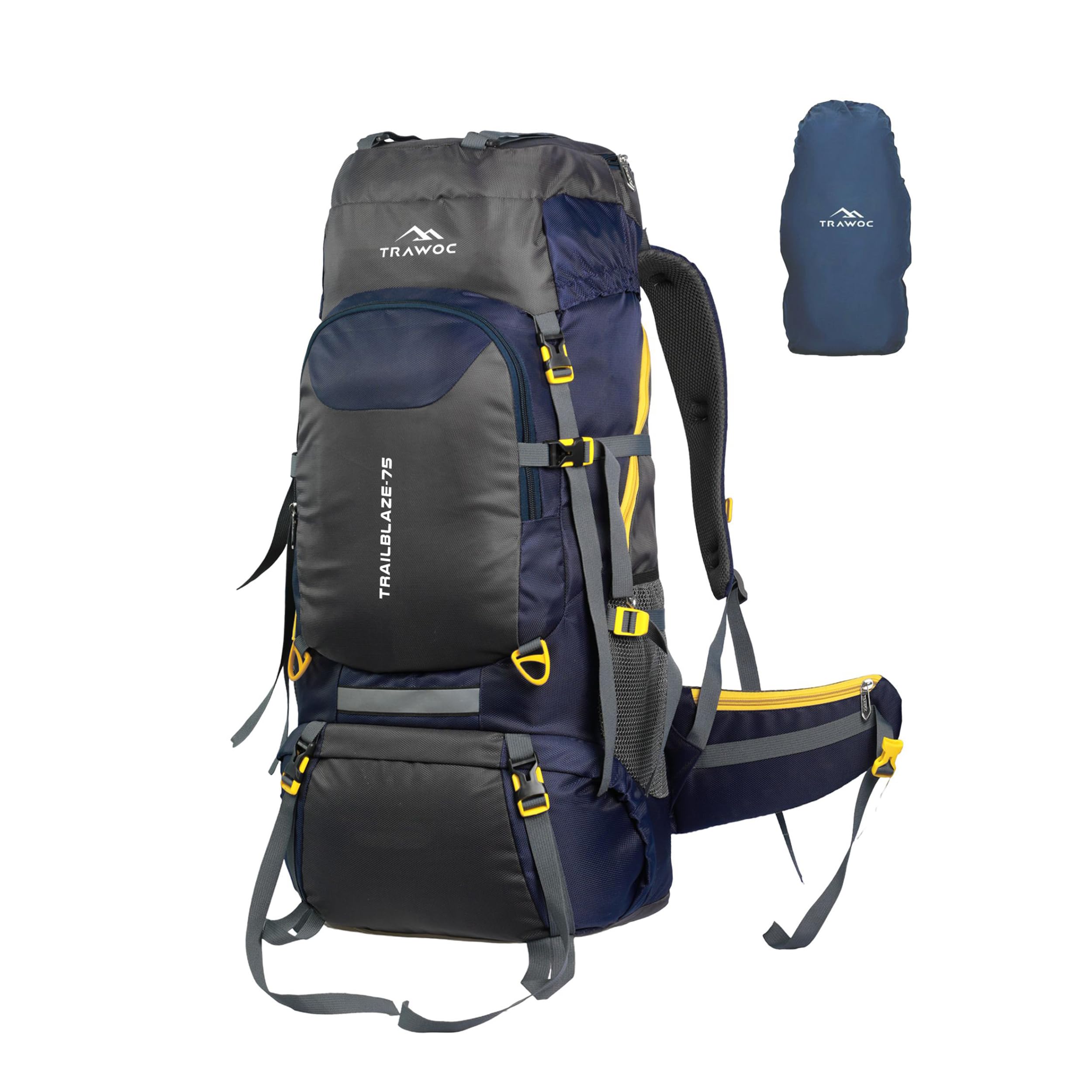 TRAILBLAZE 75L Rucksack for Men & Women, Travel Backpack Camping Hiking Trekking Bag Rain Cover,Shoe Compartment-Navyblue