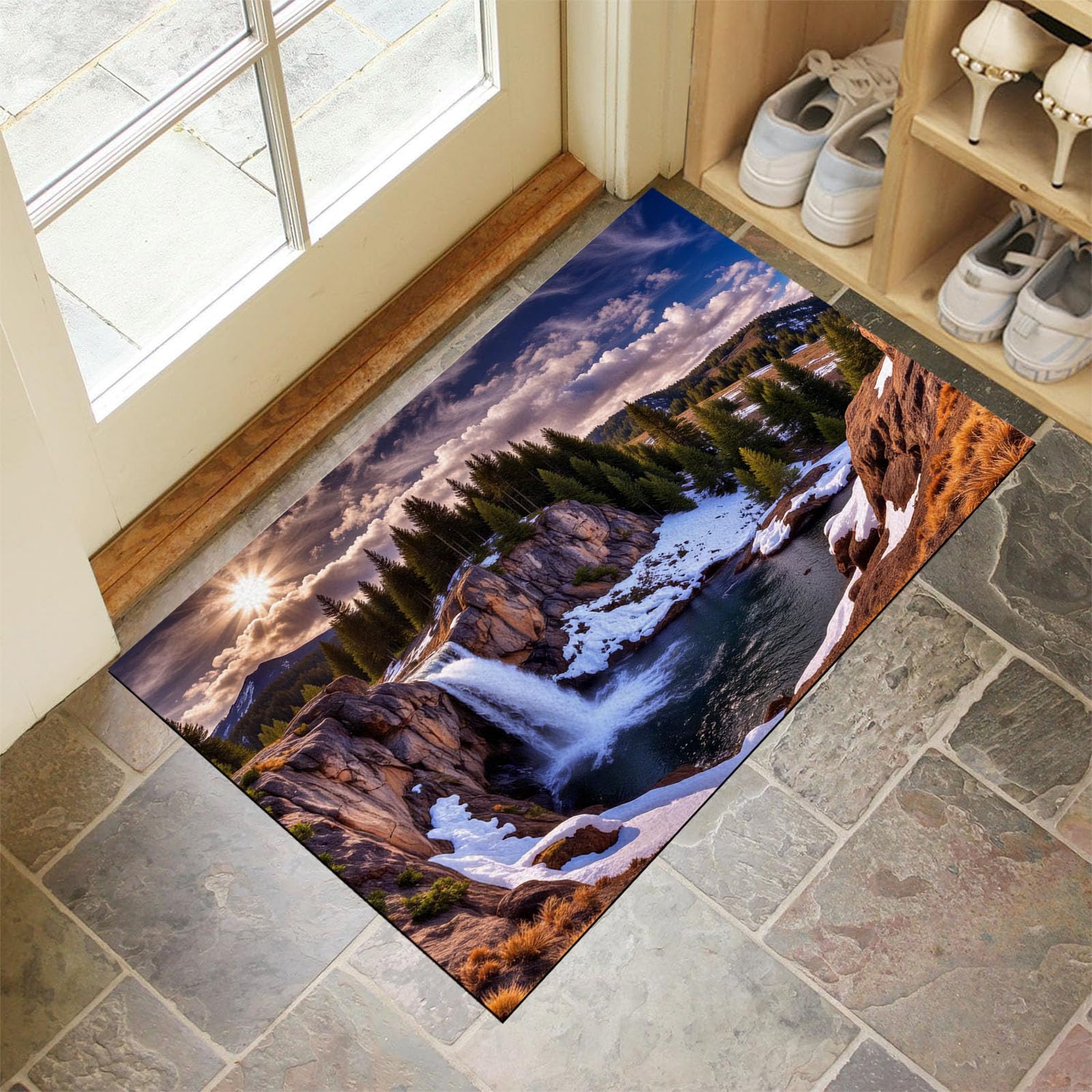 Tapis entrée doux poil ras paillasson brun cascade de montagne élégant
