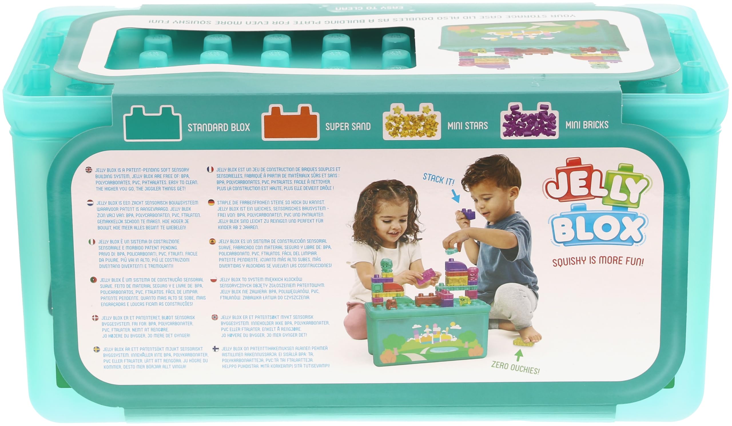 Goliath Jelly BLOX – Playground Store & Play Set | Juego de construcción sensorial 2+ | 30 Bloques Blandos y Coloridos con Personajes y Animales | Tapa-Tablero, Caja de almacenaje | Idea Regalo