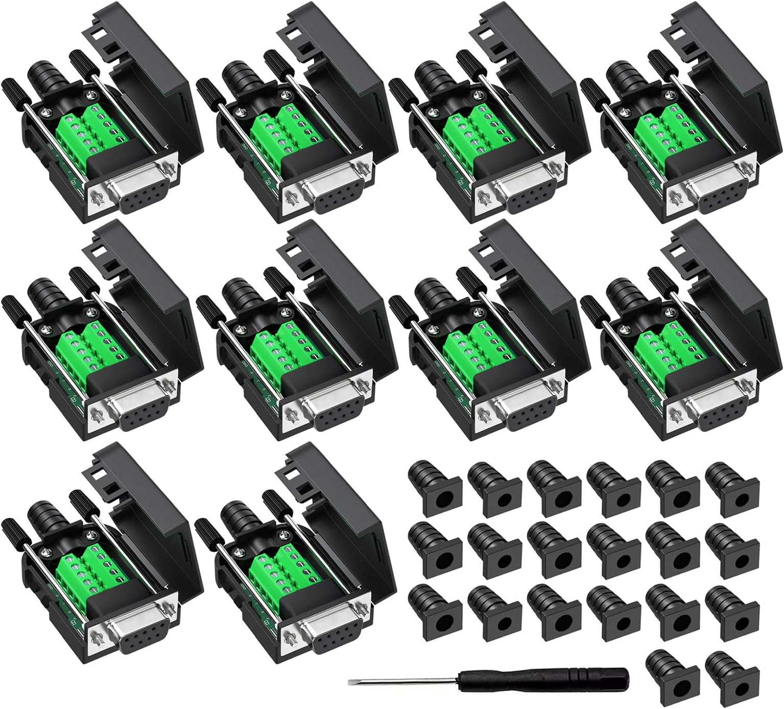 DB9 Breakout Connector, Female 9 pin RS232 connectors, Solderless D-SUB RS485 Serial Adapter Module Board with Screw Terminals, Case, Long Bolts 10 PCS