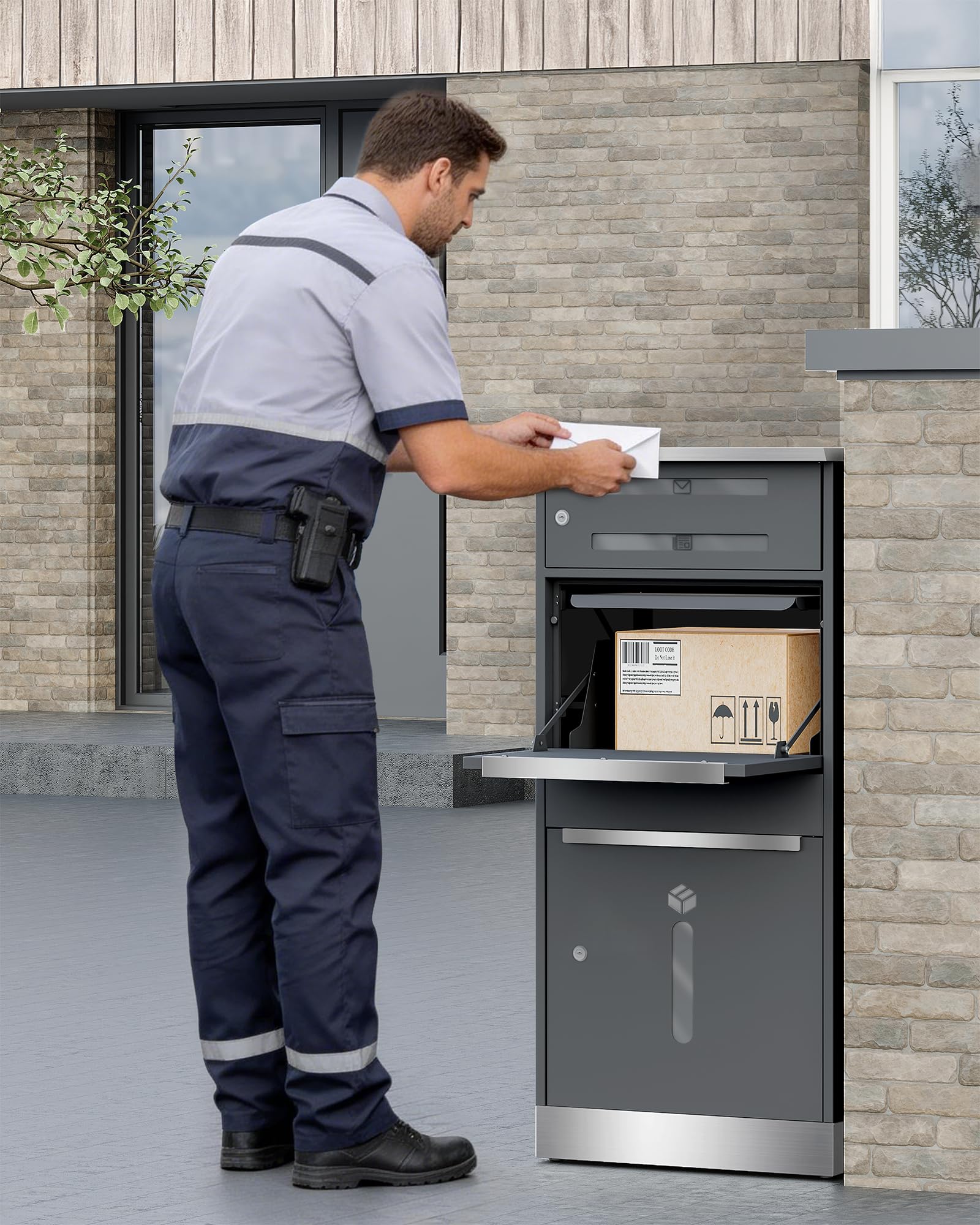 Hzuaneri Paketbox, Paketbriefkasten XXL mit Paketfach, Schwarz | Sichtfenster, Stahl, Abschließbar, Standbriefkasten für Pakete und Briefe, Wetterfester, 2 Schlüssel, MB10199GR