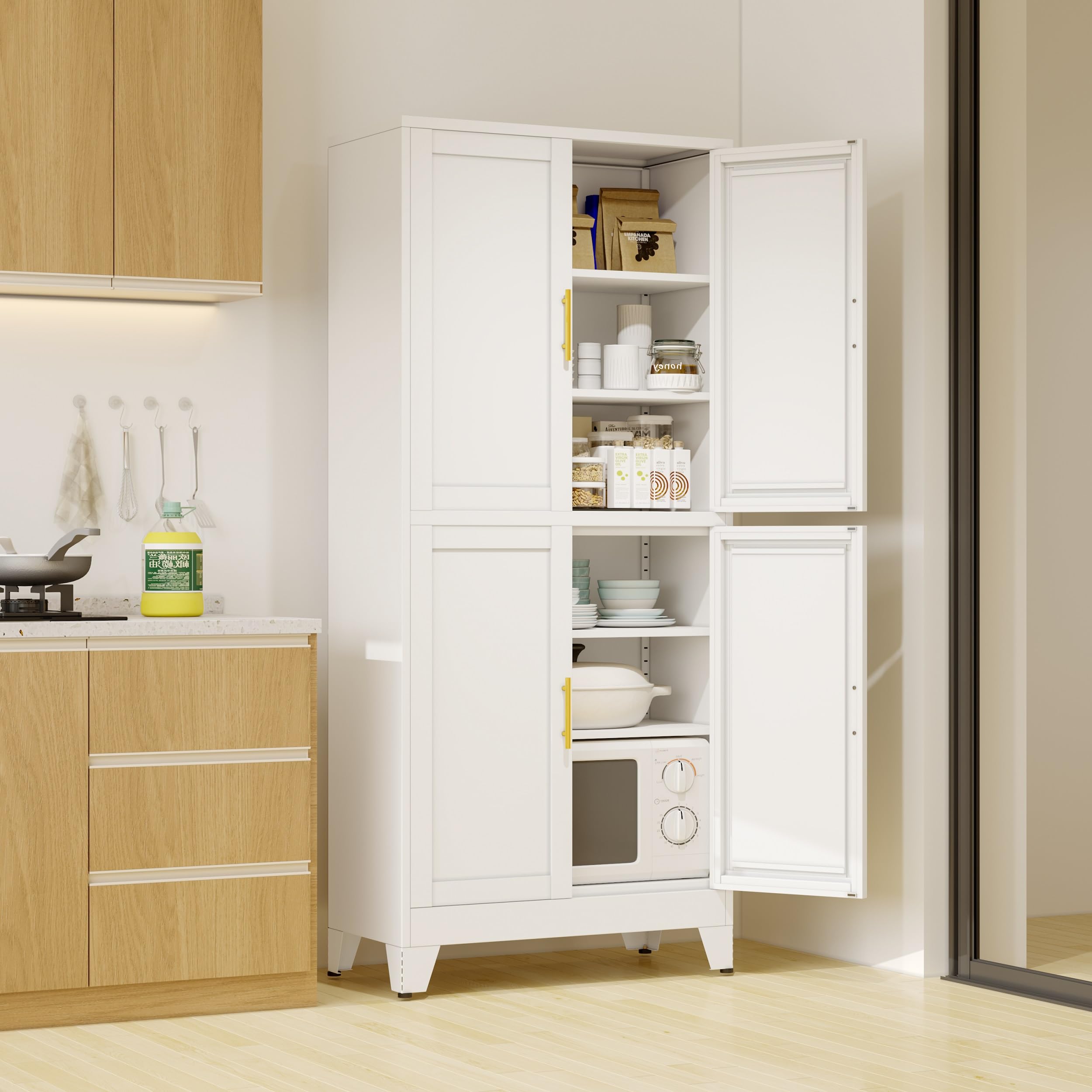 75" Tall Kitchen Pantry Cabinet, White Metal Pantry Storage