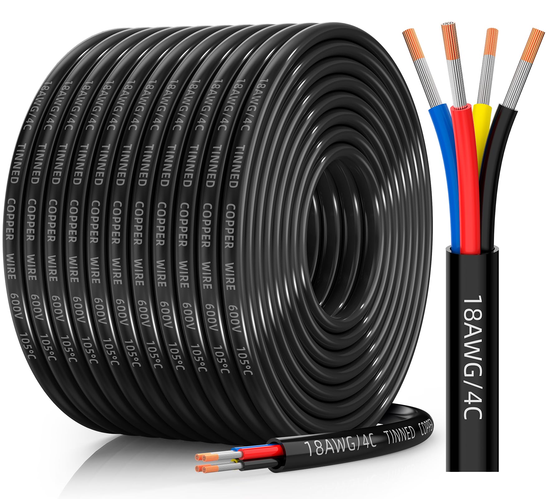 CONEPY 18 Gauge Wire 4 Conductor Electrical Wire, 18 AWG Tinned Copper Stranded PVC Cable, IP68 Waterproof/Flexible/Low Voltage Cord for Automotive,