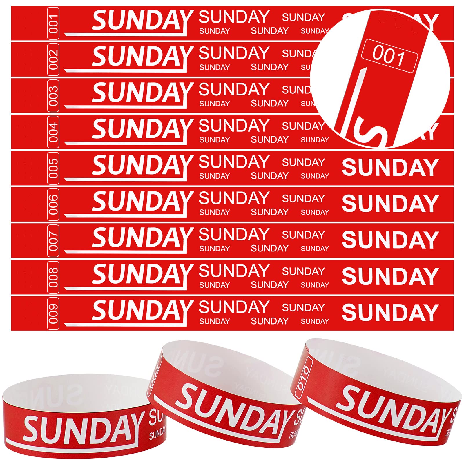 Henoyso 600 Pcs Sunday Paper Wristbands Event Paper Bracelets Numbered Waterproof Party Day of The Week for Adult Party(Red)