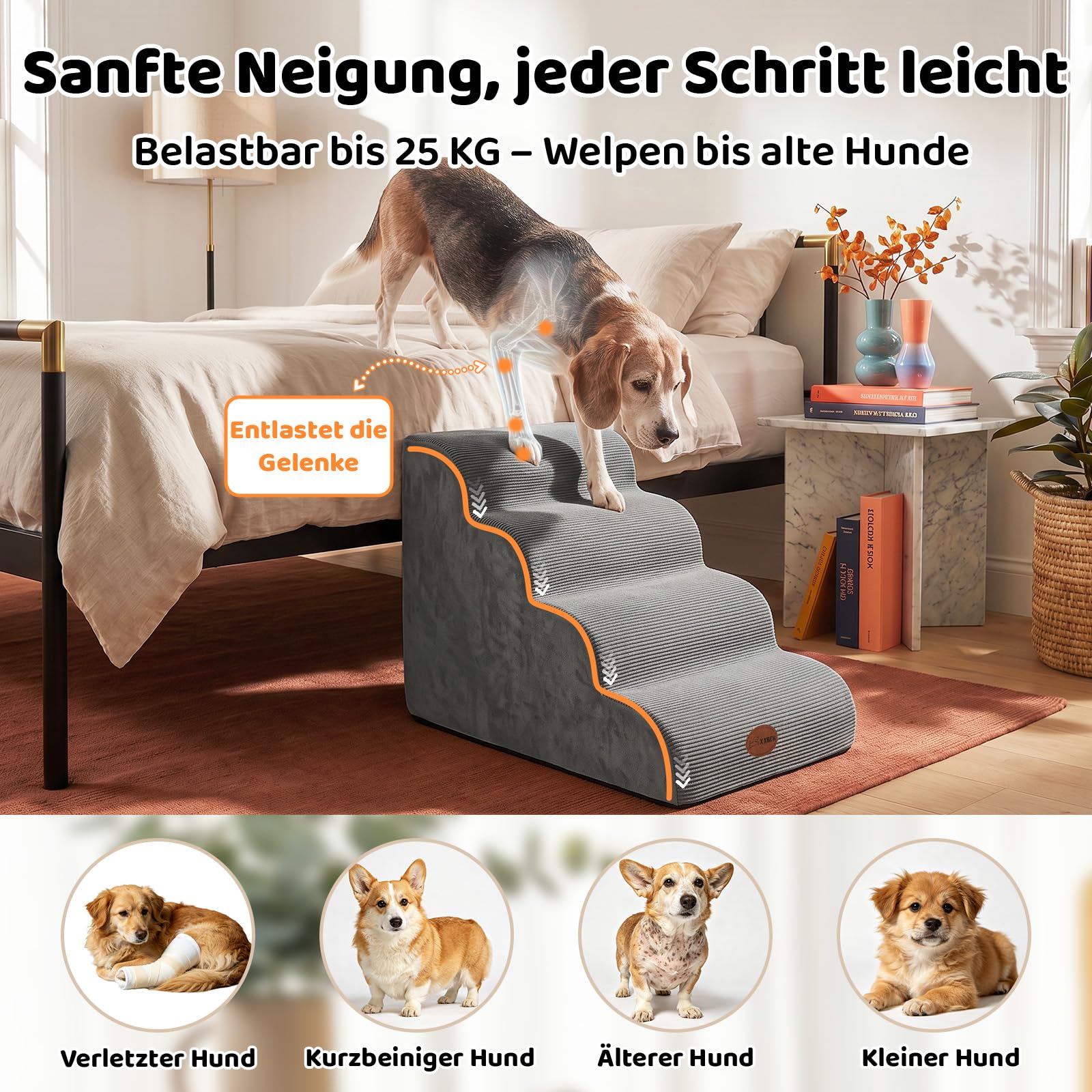 X XBEN Escaliers pour Chiens Petits, Âgés et Blessés, Marches pour Animaux | Mousse Haute Densité 33D, Pente Douce, Housse Lavable, Adhérence, Antidérapant, pour Lit et Canapé, 4 Marches, 50 CM
