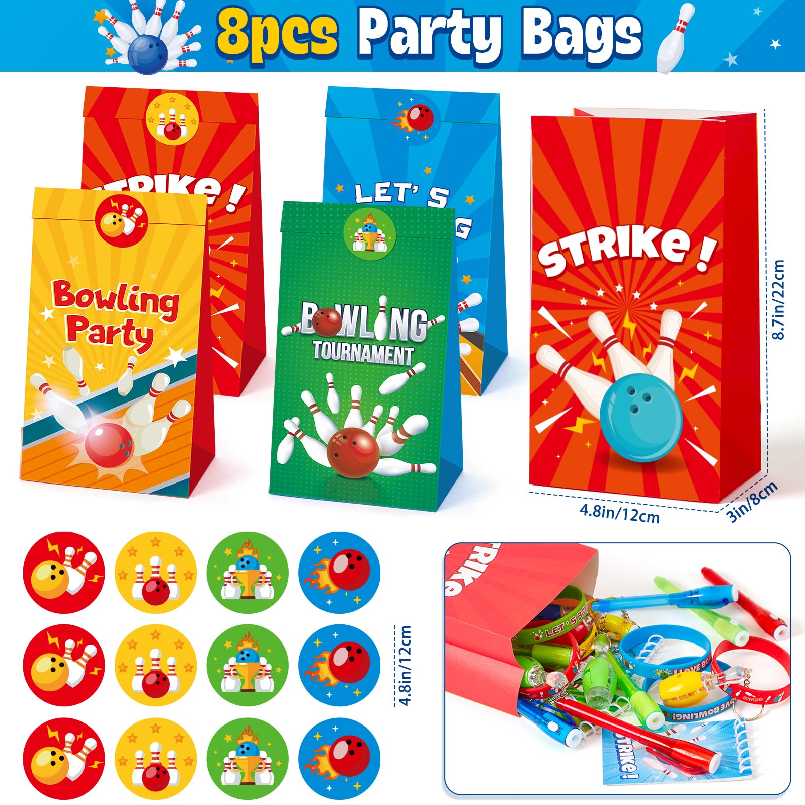 Toyssa 90 Stück Bowling Party Mitgebsel Kindergeburtstag mit UV Stift & Notizbuch Geschenktüten LED-Schlüsselanhänger Silikonarmband, Bowling Pinata Give Aways Gastgeschenk Kindergeburtstag Kinder