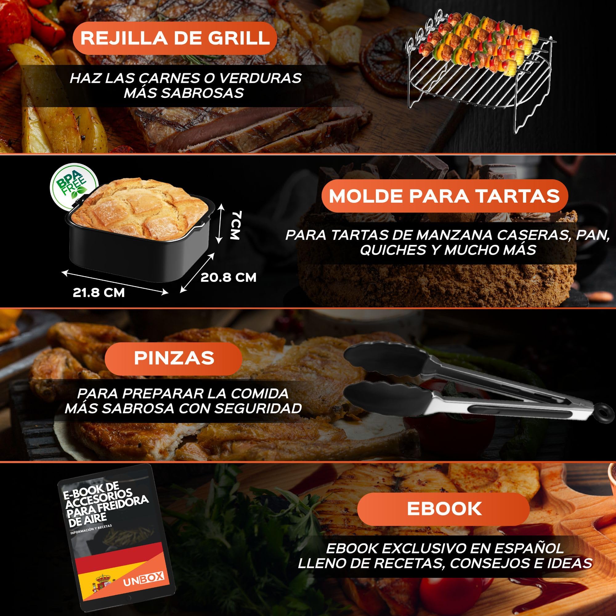 Accesorios Freidora Aire Cuadrada compatible con Cecotec, Cosori, Philips | Compatibilidad universal 5.5-7.5L, Silicona LFGB, sin BPA, apta lavavajillas. Incluye moldes y rejilla para grill
