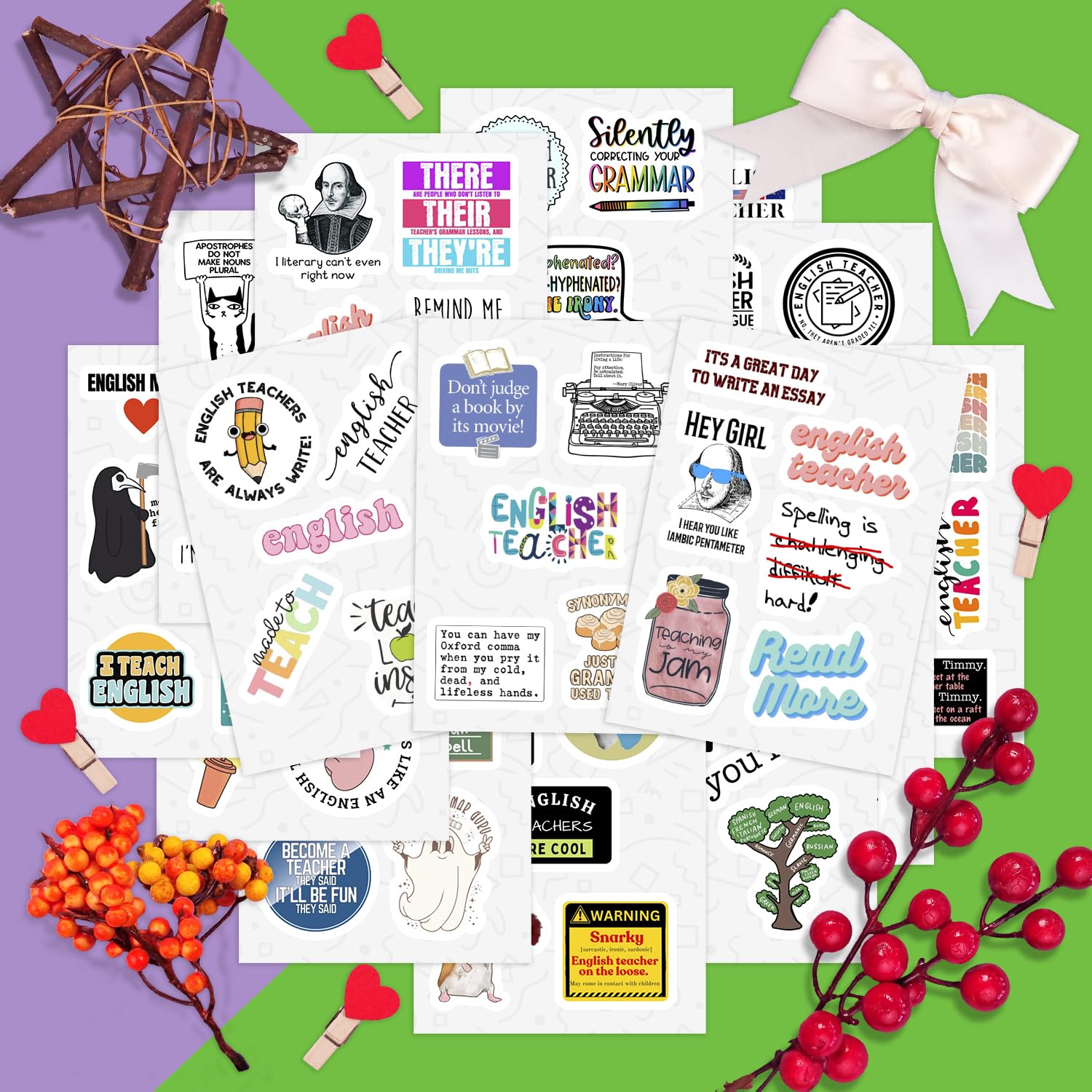 BulbaCraft 100Pcs English Teacher Stickers for Water Bottle and Laptop - English Teacher Party Supplies & Decorations, Waterproof Vinyl Decals, Literature Stickers, Gifts for Women & Men