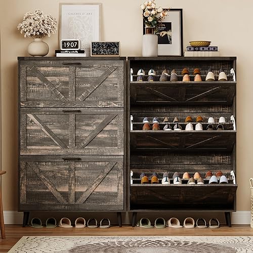 Miniatura 112 de Zapatero con 2 cajones abatibles y almacenamiento abierto, armario de almacenamiento de zapatos de granja para entrada, estante organizador estrecho