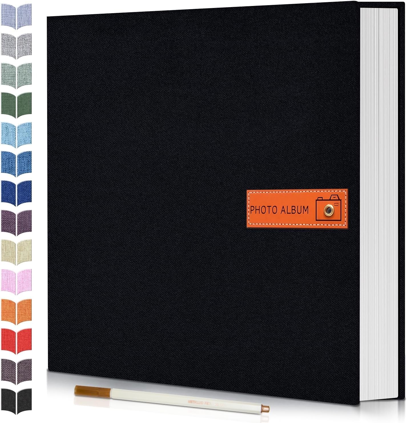 AOHRYME Large size photo album self-adhesive 4x6 5x7 8x10 image scrapbook album, 40 page linen cover wedding family baby memory book, with metal pen and clipboard (Black)