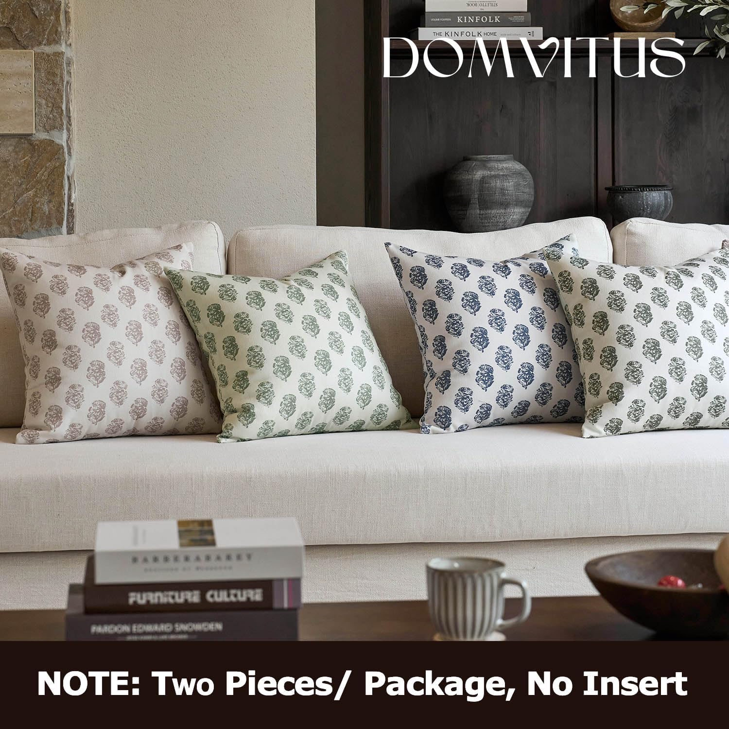 DOMVITUS Set of 2 Floral Pillow Covers 18x18, Block Print Pillow Covers Vintage Neutral Decorative Farmhouse Throw Pillow Covers for Couch Bed Living Room Dusty Blue - Image 6