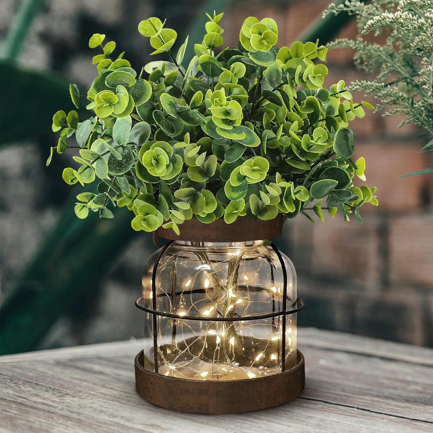 Farmhouse Rustic Glass Vases Primitive Country Lantern Coffee Dining Table Centerpiece Green Fake Artificial Eucalyptus Plants with Light Home Decor for Shelf Desk Counter Kitchen Bathroom