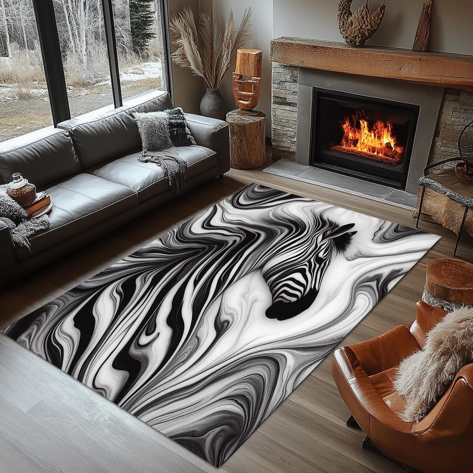 140x200 cm Wildlife Area Rugs African Ethnic Tribal Black White Stripe Wildlife Zebra Pattern Print Mats Anti-Fatigue Large Area Rug for Living Room, Bedroom, Machine Washable Soft Non Slip Non