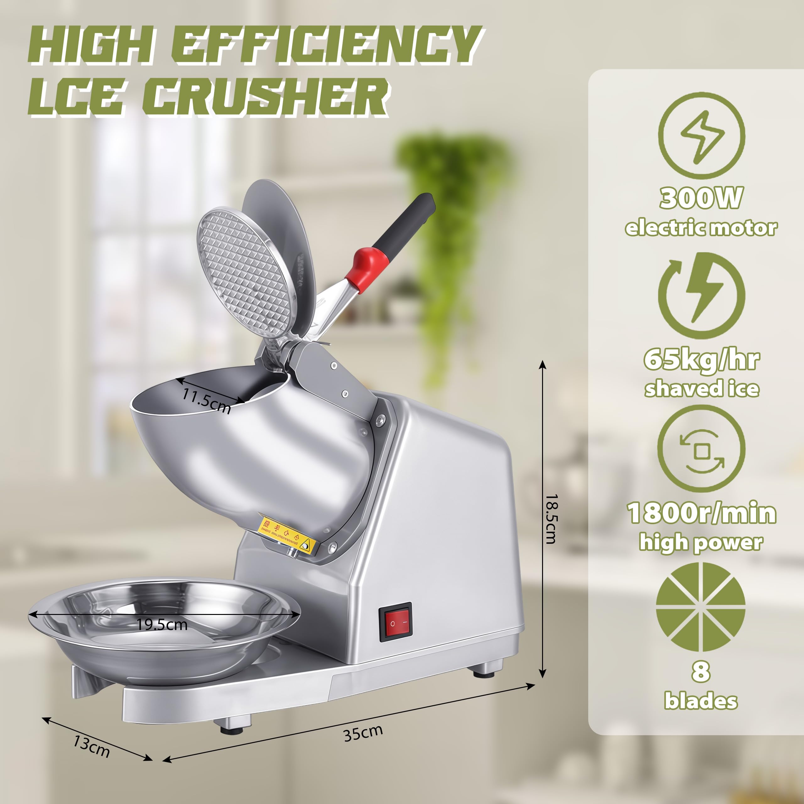 Broyeur à Glace électrique, Broyeur à Glace en Acier Inoxydable avec 8 Lames et d'un bol, 65 kg/h-Double Couvercl, Idéal pour la Préparation de Smoothies, Boissons Fraîches et Thés au Lait