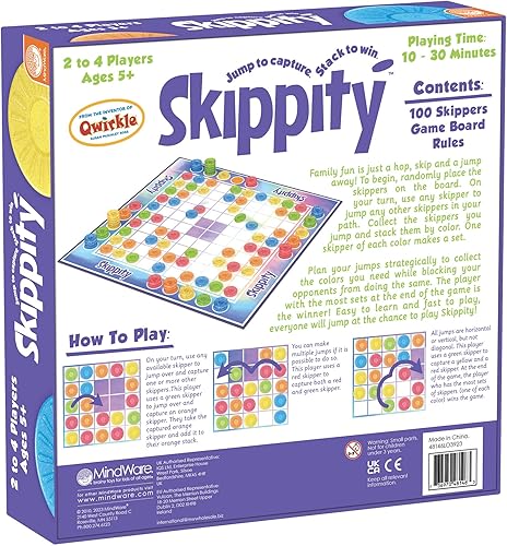 Miniatura 9 de MindWare Skippity - Juego de mesa para saltar y capturar para 2 a 4 jugadores - Twist on Checkers - 100 piezas - Diversión para niños y adultos, a