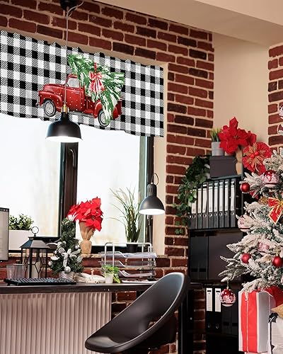 Miniatura 4 de NHJ Home Cortinas de cenefa de ventana, diseño de camión rojo de Navidad, árbol de Navidad, a cuadros, color negro y blanco, cenefas de cocina,