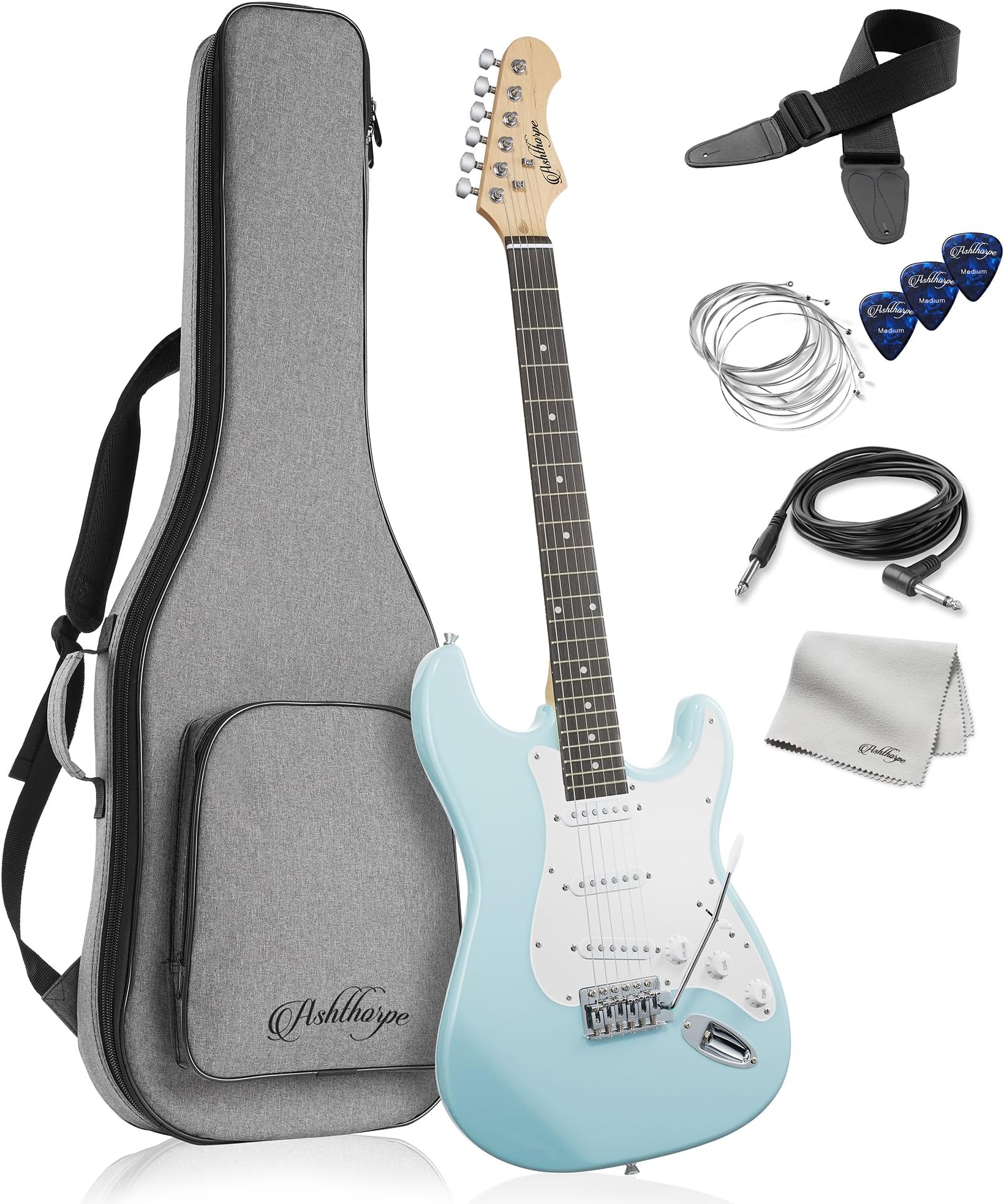 Ashthorpe - 39" Electric Guitar (Light Blue), Full Size Guitar Kit, Padded Bag, Tremolo Bar, Strap, Strings, Cable, Fabric, Pick