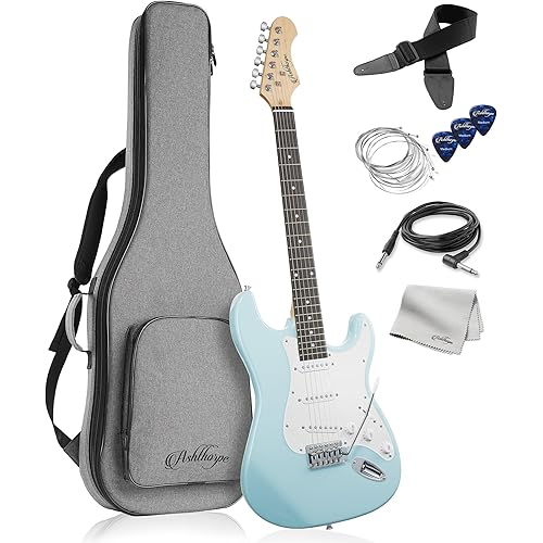 Ashthorpe 39-Inch Electric Guitar (Light Blue-Silver), Full-Size Guitar Kit with Padded Gig Bag, Tremolo Bar, Strap, Strings, Cable, Cloth, Picks