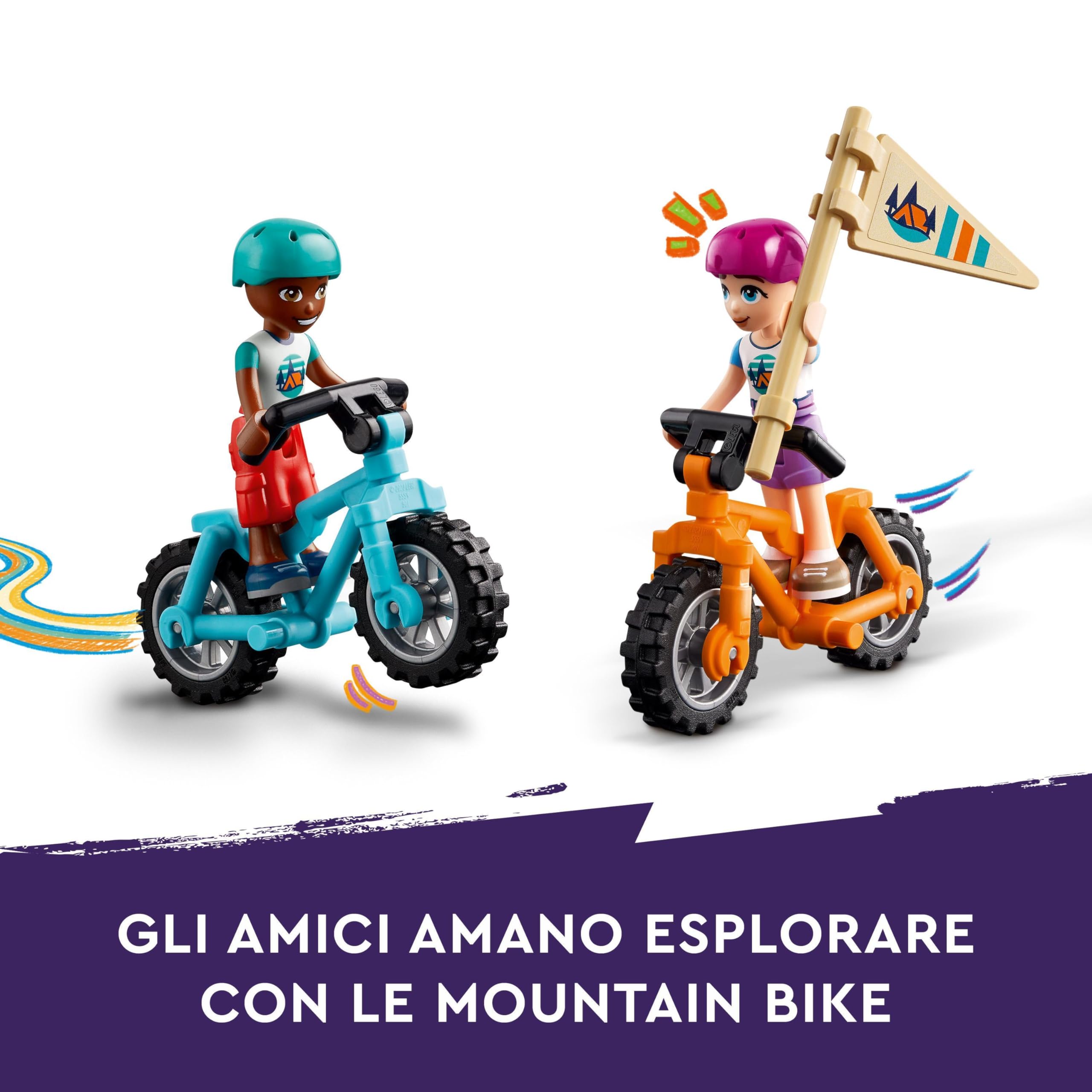 LEGO Friends Cabine Relax al Campo Avventure, Giochi Educativi per Bambine e Bambini da 7 Anni, Campeggio Giocattolo da Costruire con 3 Personaggi, 2 Mountain Bike e una Volpe, Idee Regalo 42624