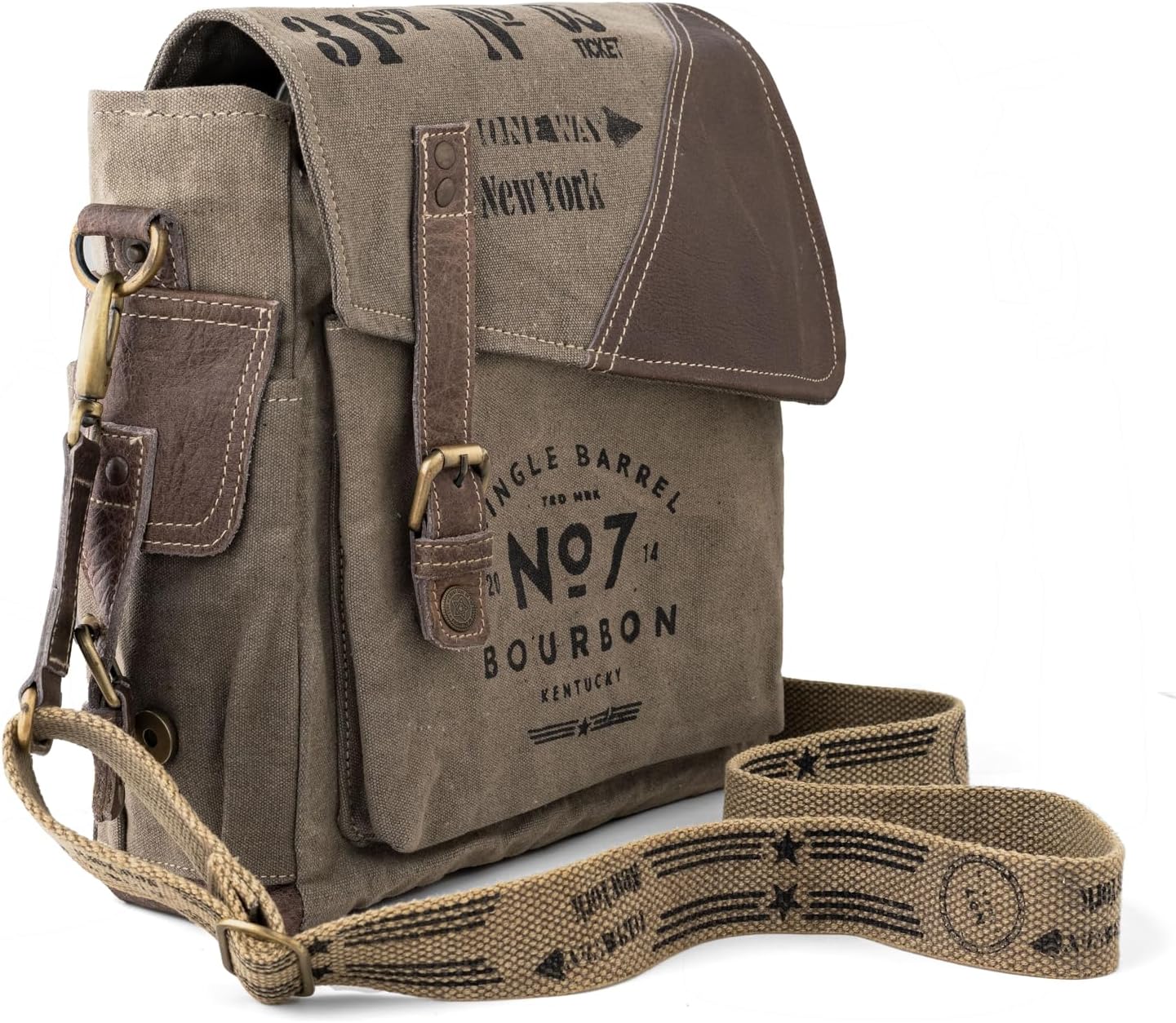 3B-Vintage Print Upcycled Military Leather Canvas Shoulder Bag Laptop Messenger Bags Medium Crossbody 2 Straps - Image 4