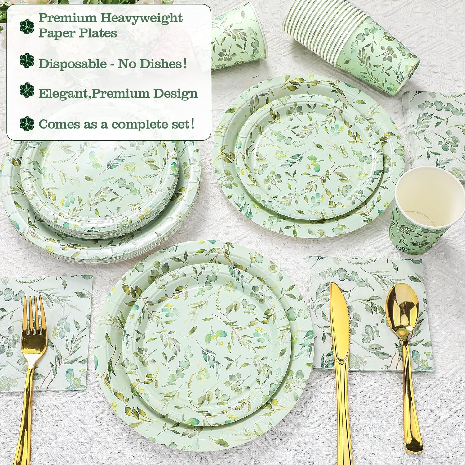 Dandat 250 Pcs Sage Green Party Plates and Cups Sets Disposable Paper Plates Cups Napkins Party Supplies Eucalyptus Dinnerware for Boho Bridal Shower Baby Shower Wedding Birthday Garden, Serves 50