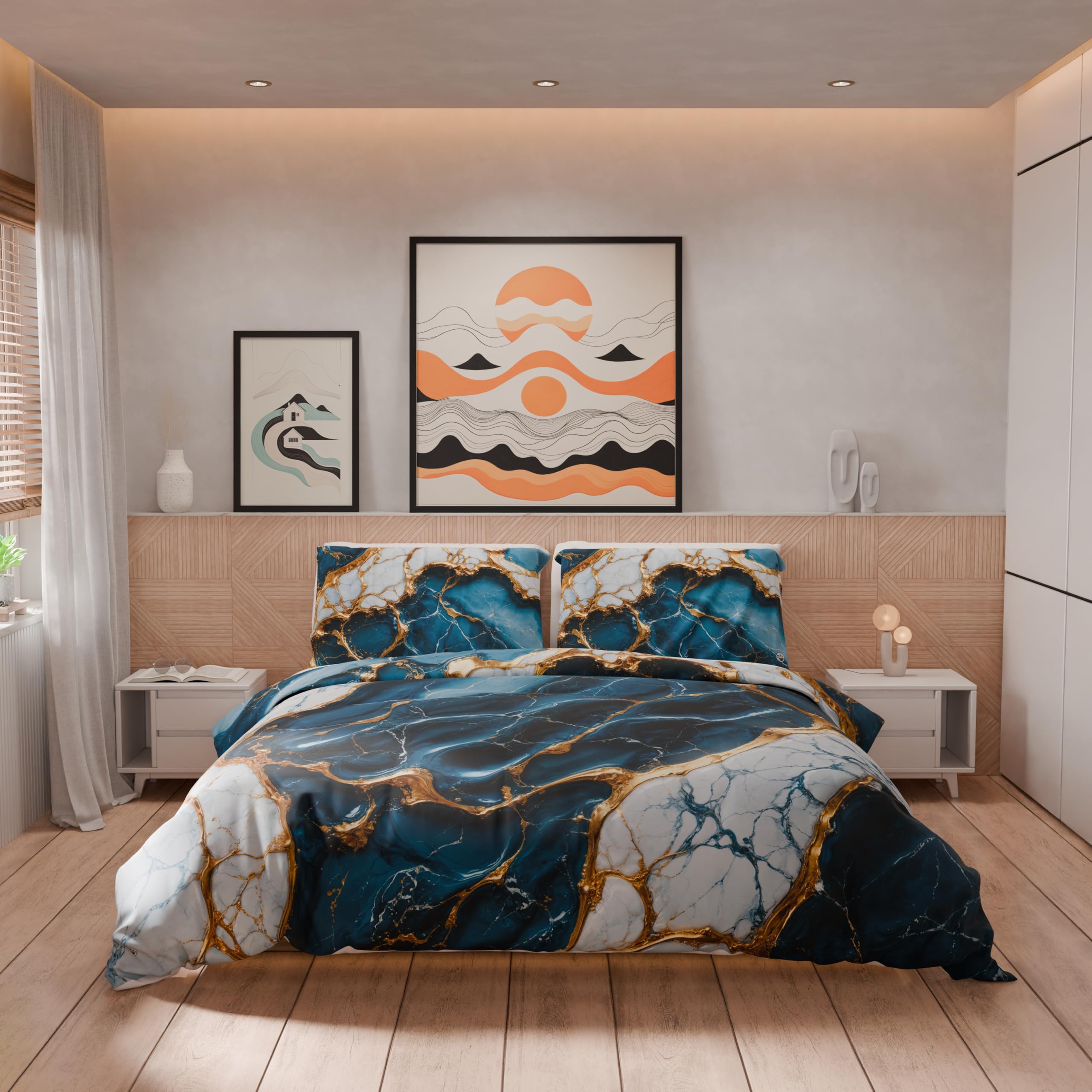 PETTI Copripiumino Matrimoniale 250x200 Cm In Microfibra Effetto Marmo Blu – 2 Federe Incluse, Made In Italy, Anallergico E Lavabile
