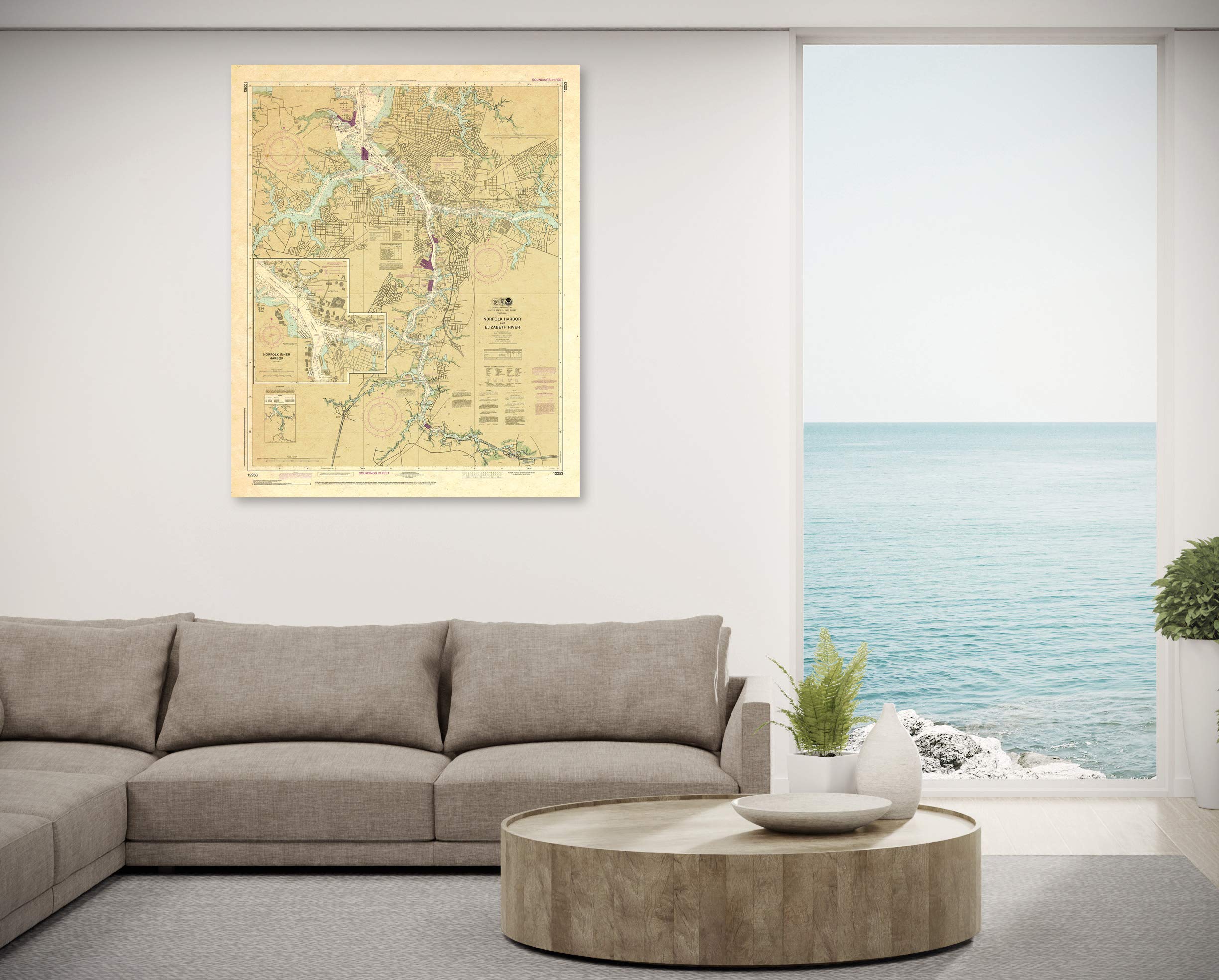 Paradise Cay Publications, Inc. Antiqued NOAA Chart 12253: Norfolk Harbor and Elizabeth River