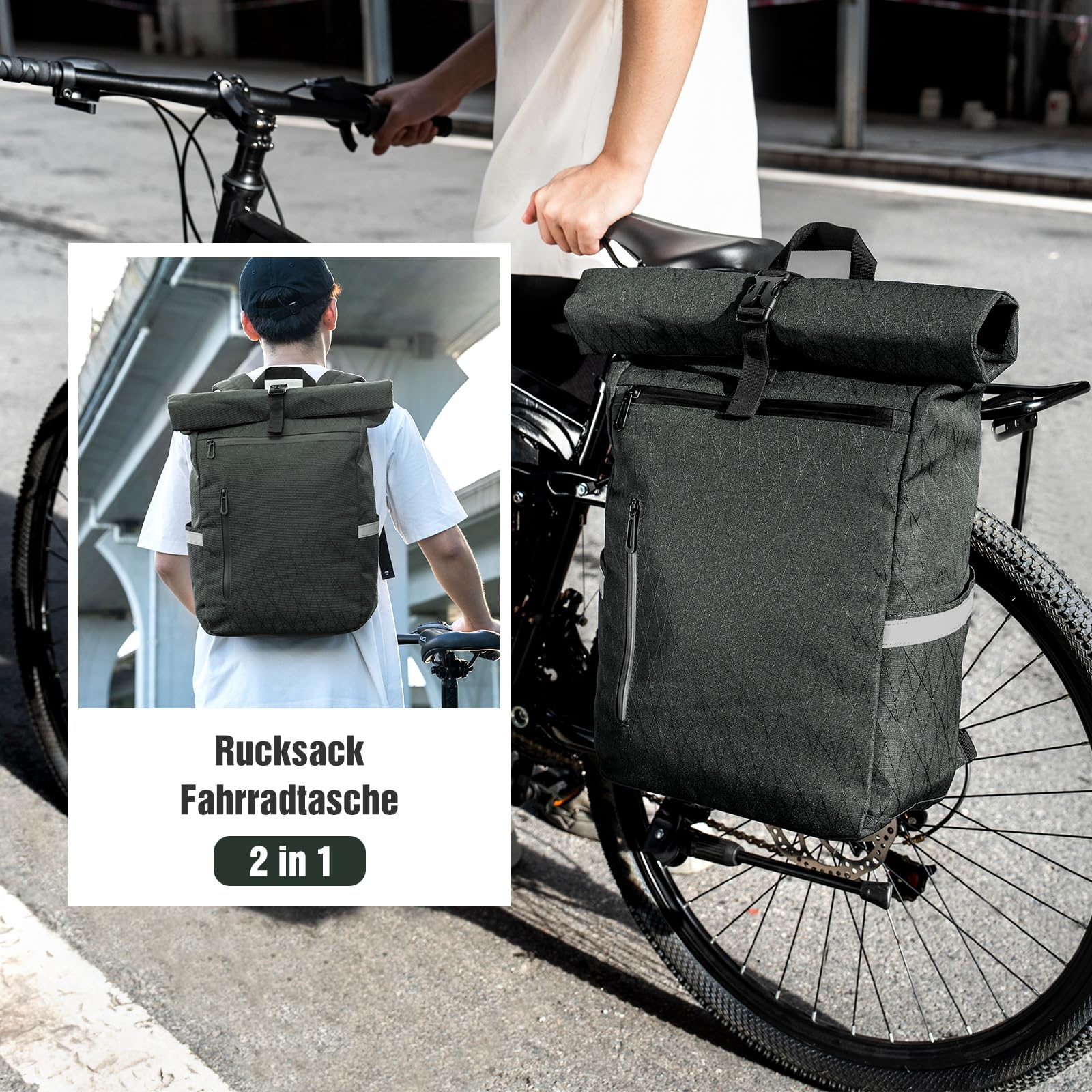 Fietstas voor bagagedrager, 22 Liter, fietstas, rugzak voor Heren, meerdere bagagedragertas met laptopvak, 2-in-1 fietstas, rugzak Combi, reflecterend (Zwart)